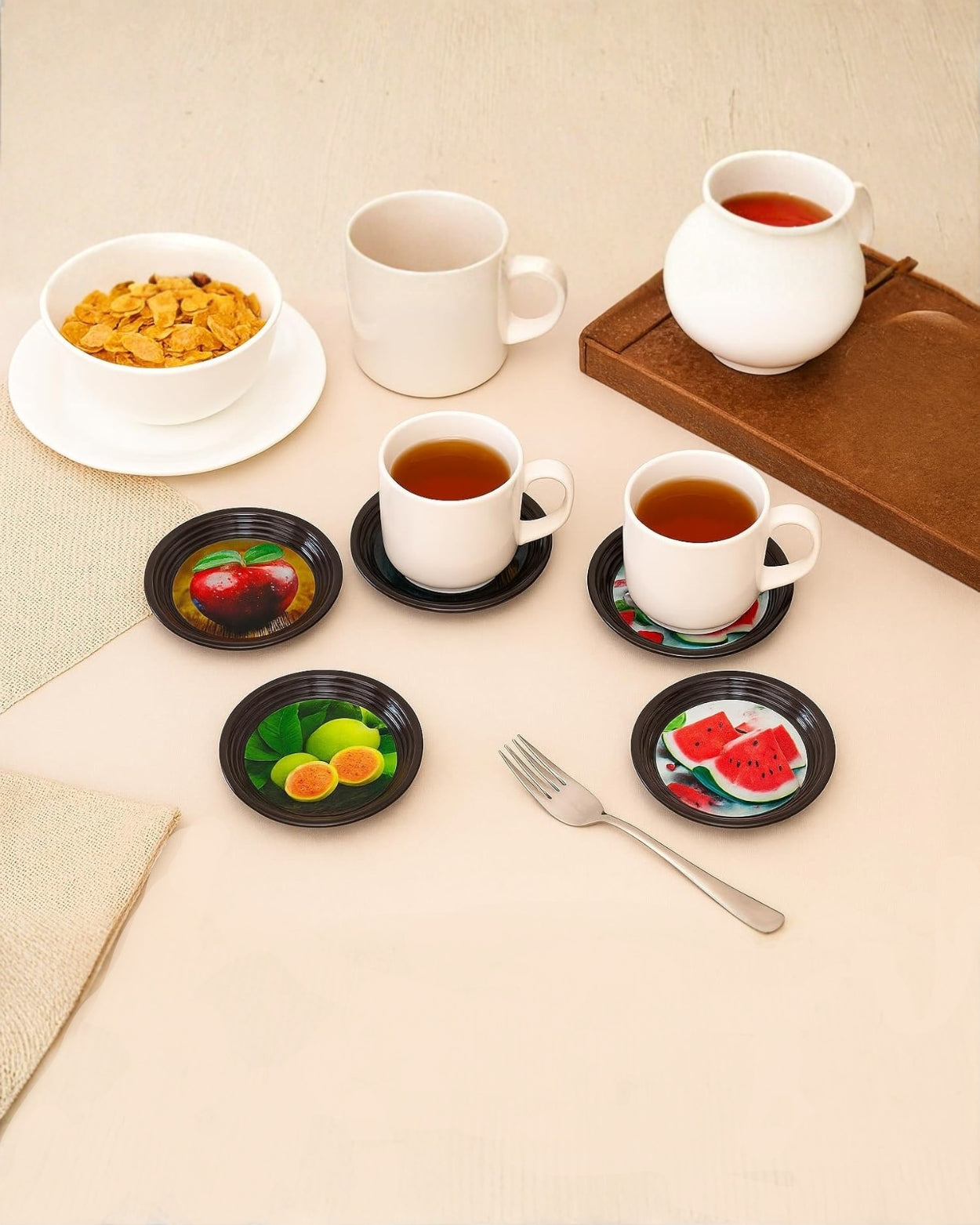 Resin Coated Metal Coaster Set of 6 | Fruit Theme Black Tea Coffee Coasters | Waterproof Heat Resistant Table Coasters