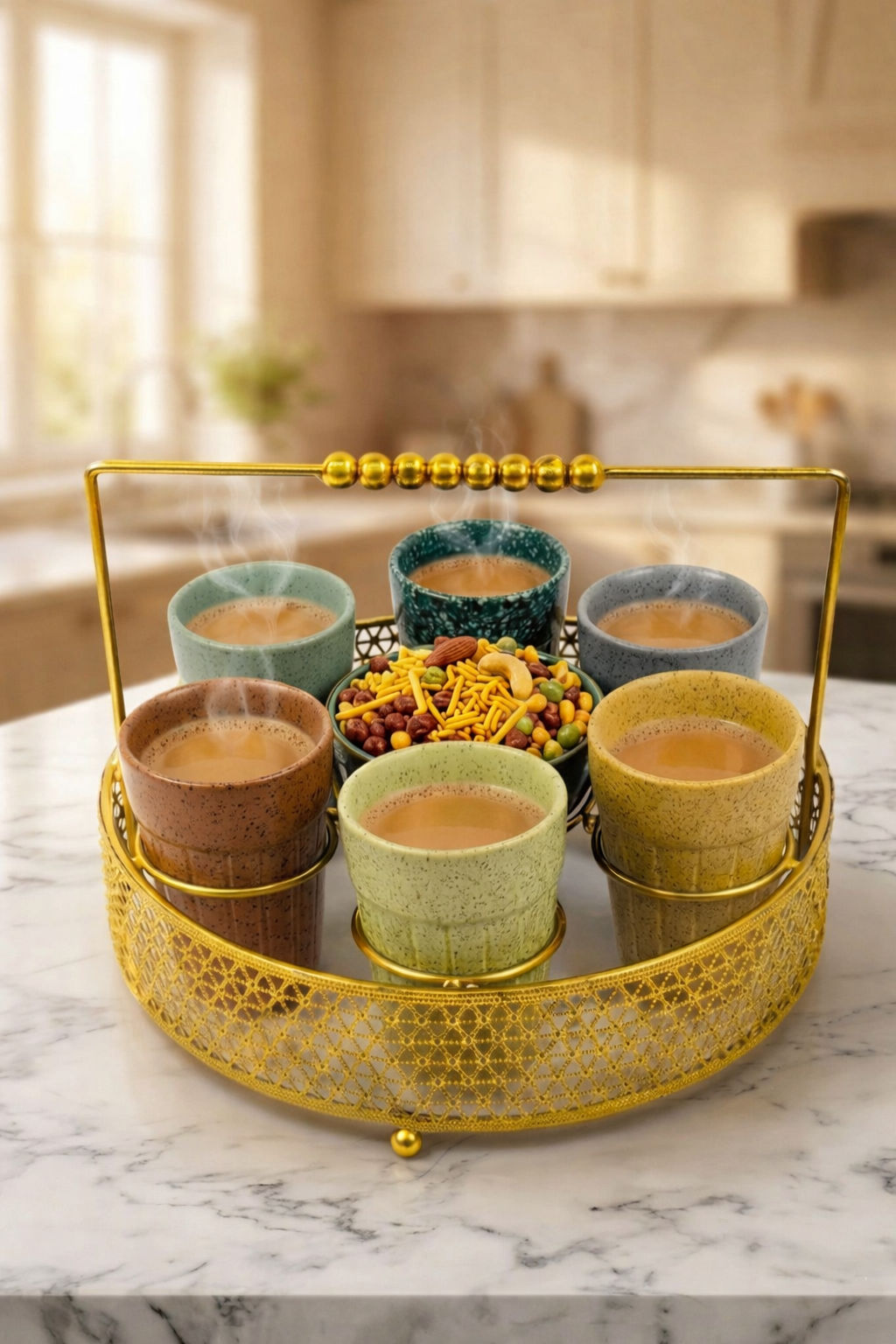 Premium Ceramic Tea Cup Set with Gold Metal Tray | Set of 6 Multicolor Cups with Snack Bowl & Designer Holder | Elegant Tea Coffee Serving Set for Home, Kitchen & Café