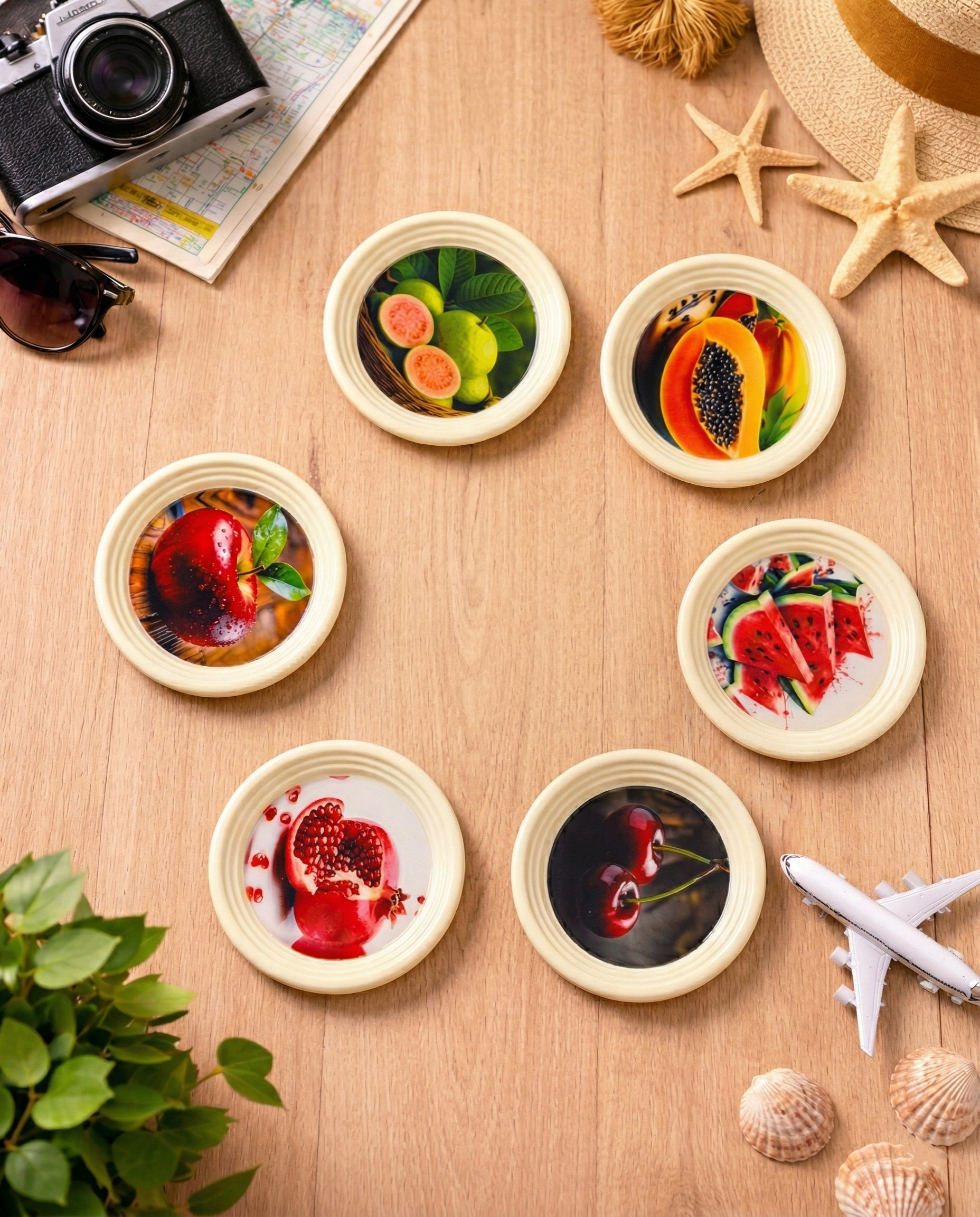 Resin Coated Metal Coaster Set of 6 with Stand | Fruit Print Tea Coffee Coasters | Waterproof Heat Resistant Table Coasters