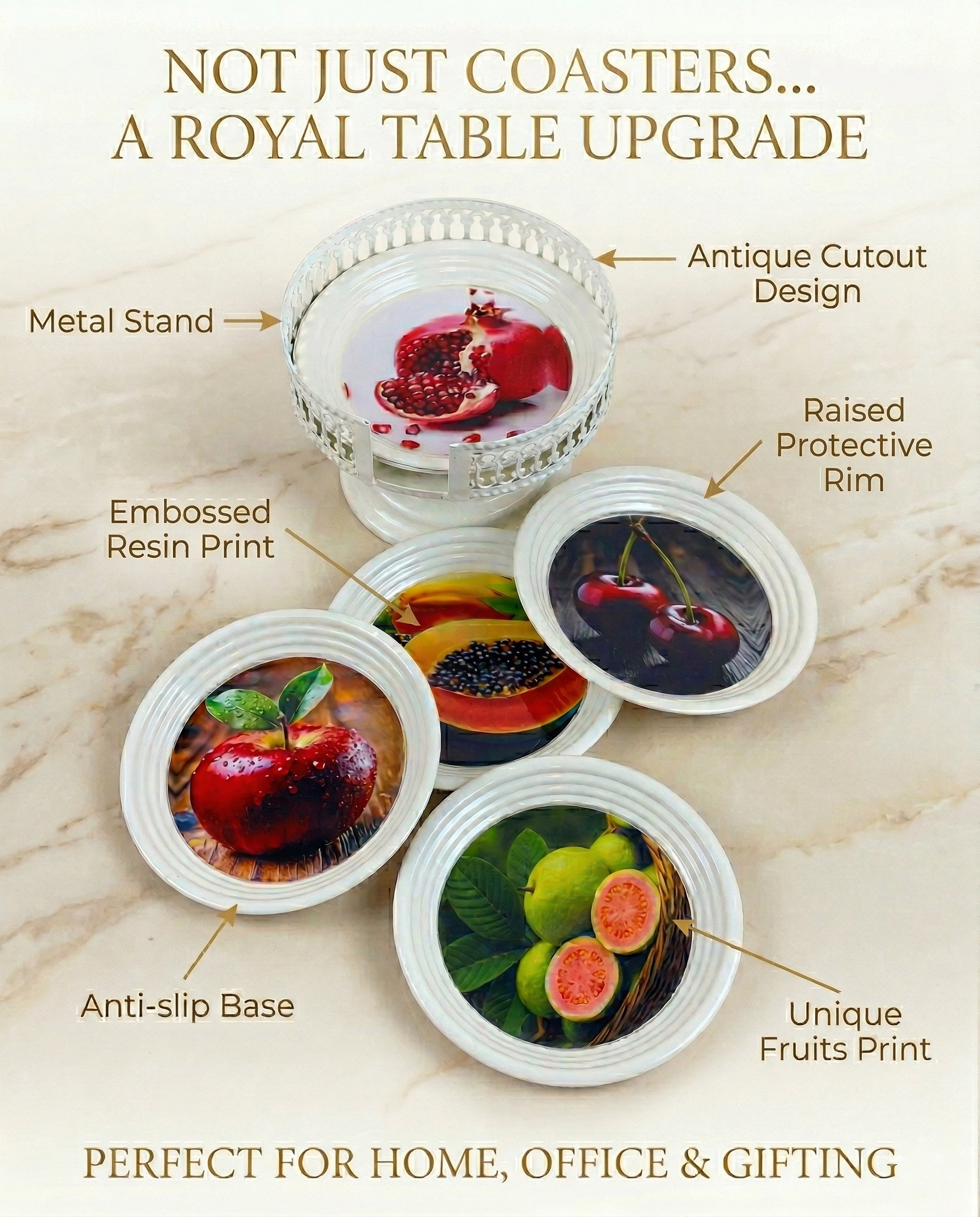 Resin Coated Metal Coaster Set of 6 with Stand | Fruit Print Tea Coffee Coasters | Waterproof Heat Resistant Table Coasters
