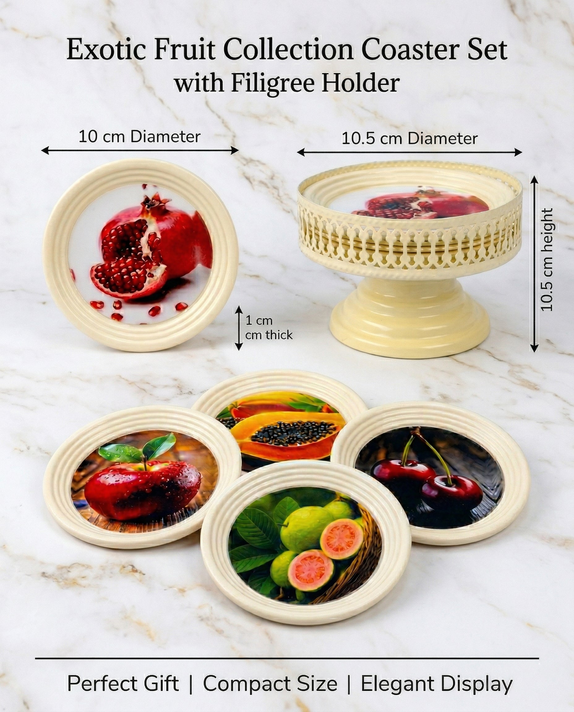 Resin Coated Metal Coaster Set of 6 with Stand | Fruit Print Tea Coffee Coasters | Waterproof Heat Resistant Table Coasters