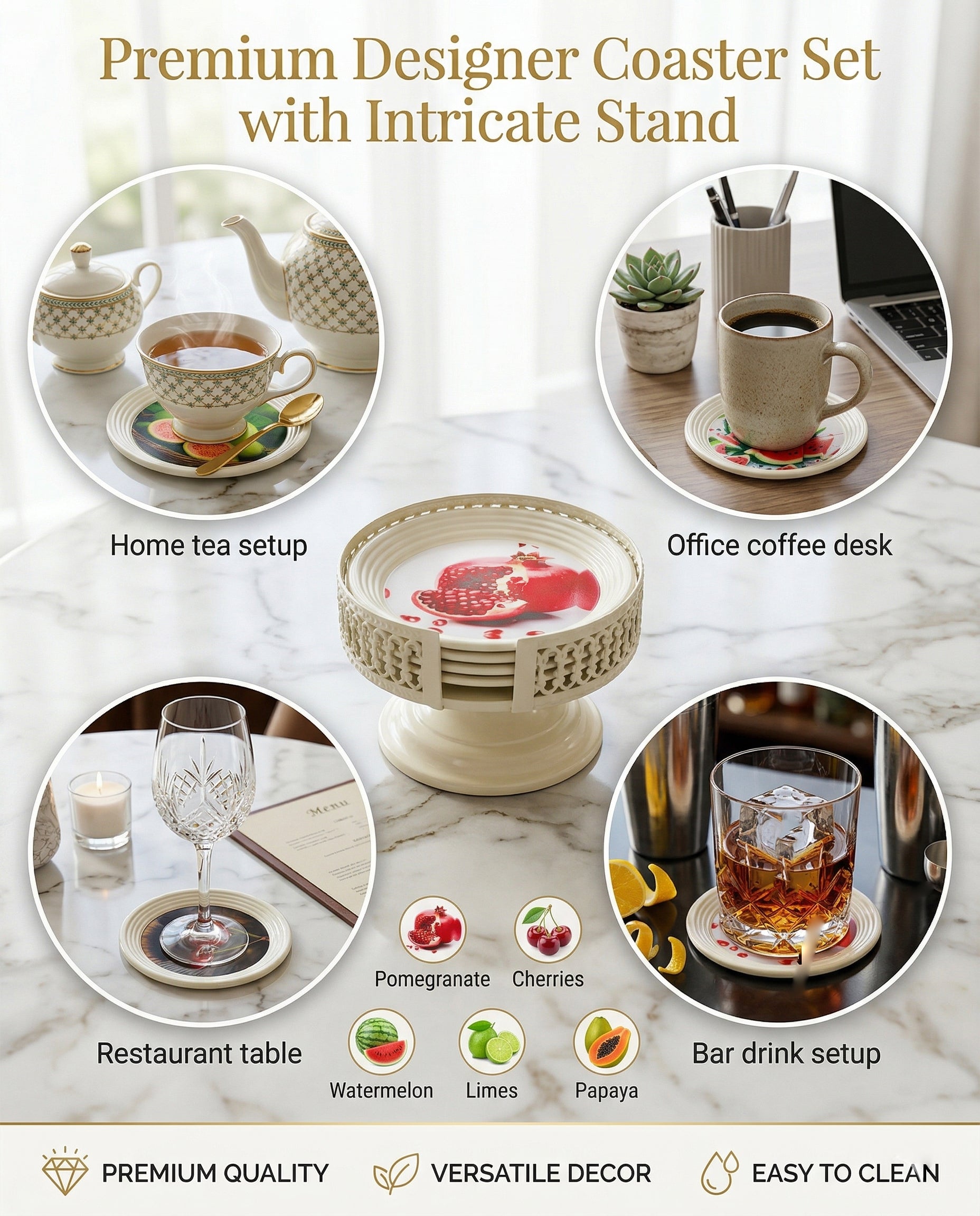 Resin Coated Metal Coaster Set of 6 with Stand | Fruit Print Tea Coffee Coasters | Waterproof Heat Resistant Table Coasters