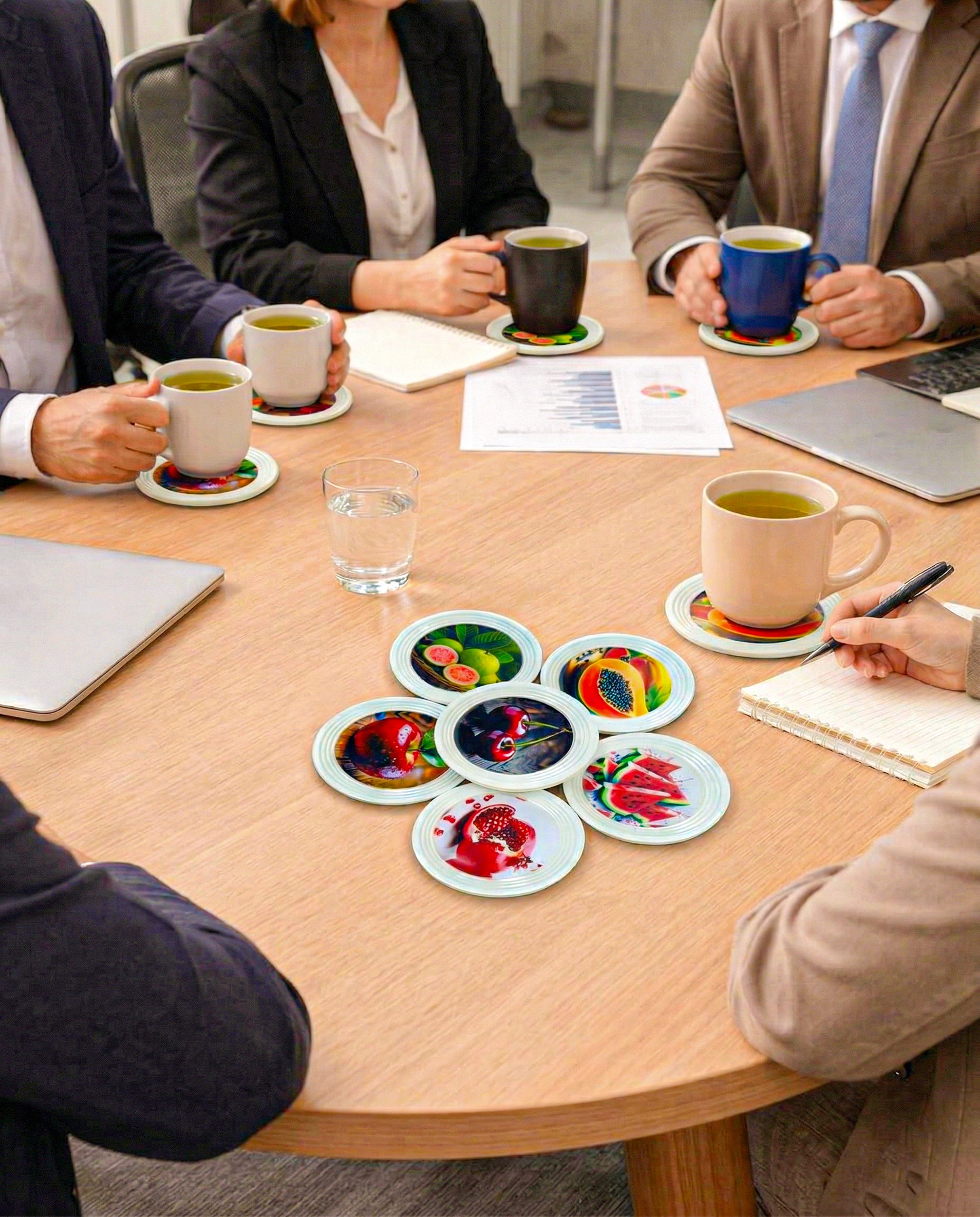Resin Coated Metal Coaster Set of 6 with Stand | Fruit Print Tea Coffee Coasters | Waterproof Heat Resistant Table Coasters