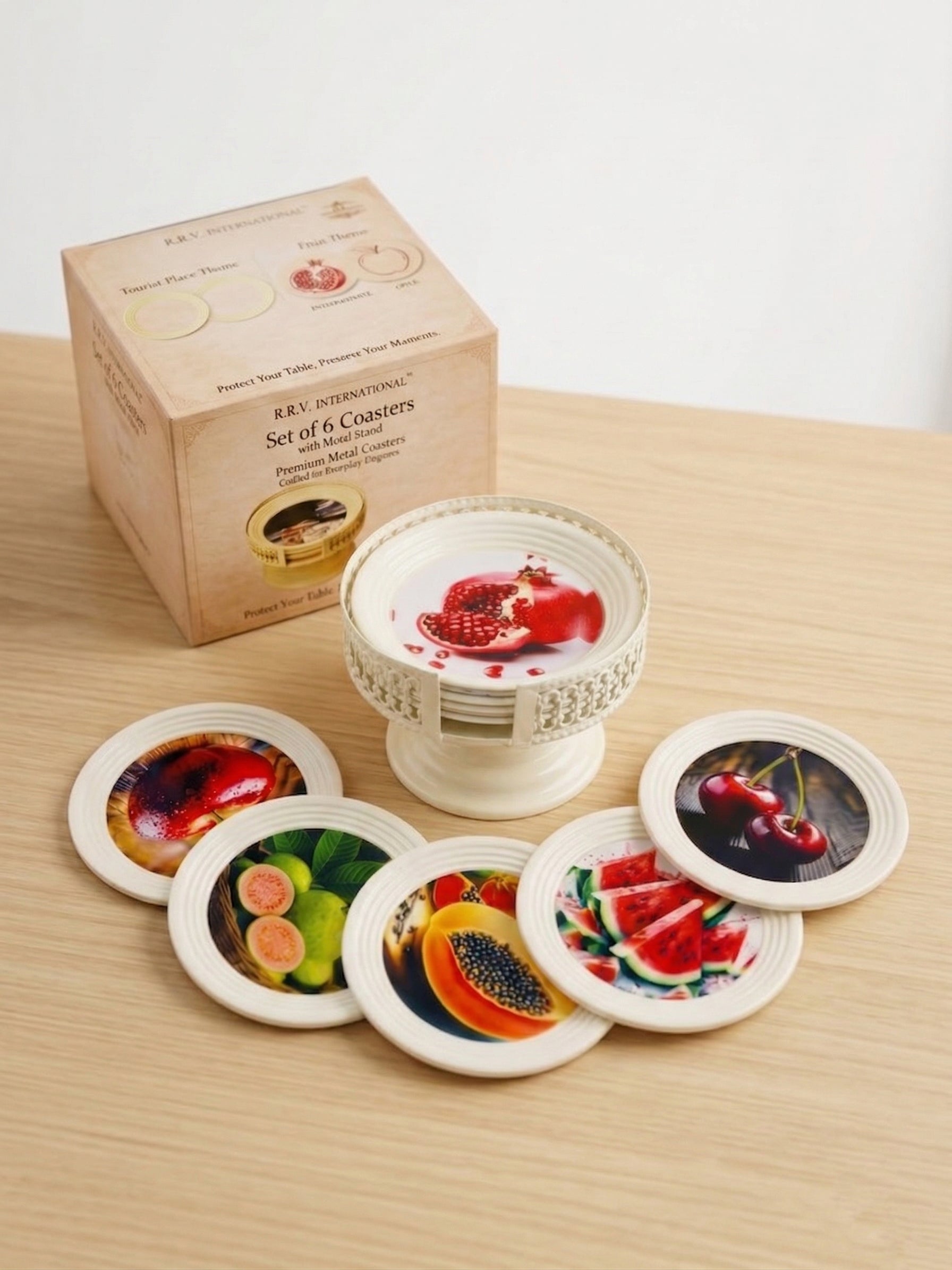 Resin Coated Metal Coaster Set of 6 with Stand | Fruit Print Tea Coffee Coasters | Waterproof Heat Resistant Table Coasters