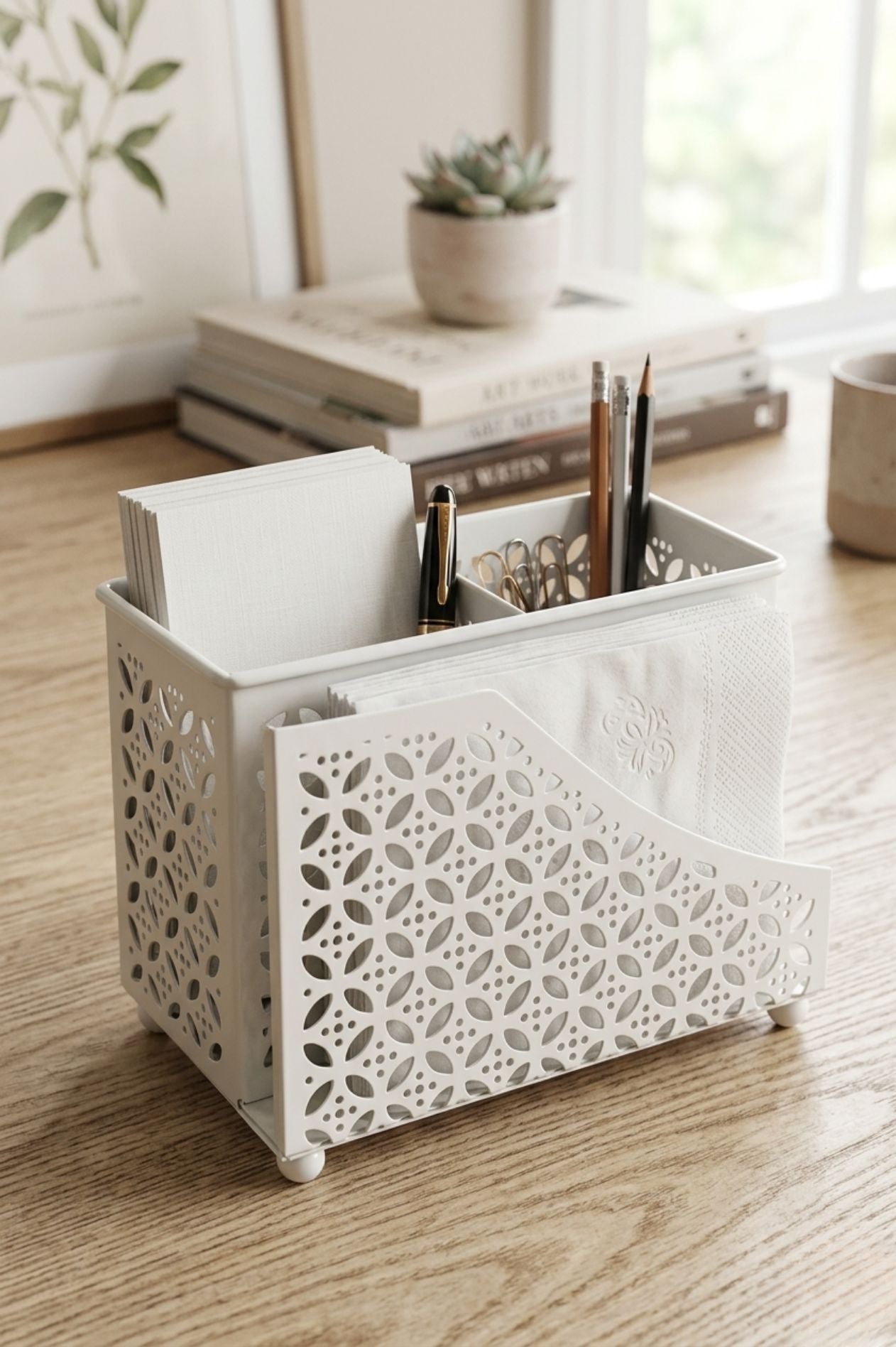 Premium 2-in-1 Cutlery & Napkin Holder | Elegant Cream Metal Organizer with Laser Cut Floral Design | Tabletop Storage for Spoons, Forks, Knives & Tissue | Kitchen & Dining Decor