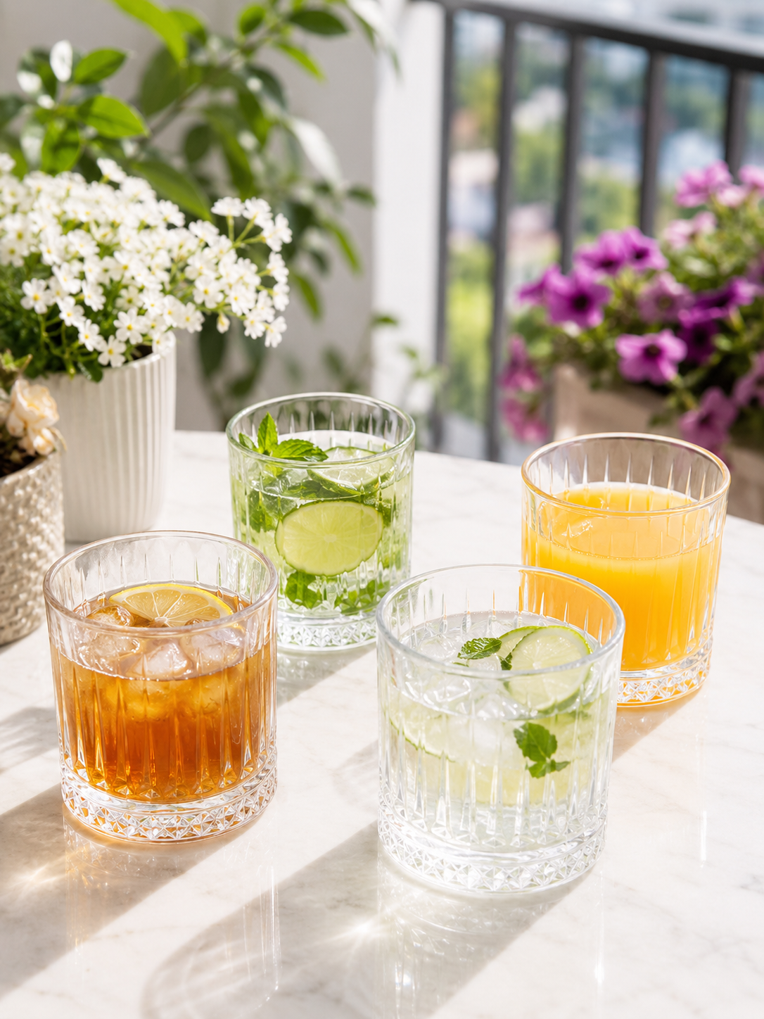 Premium Metal Serving Tray with 4 Crystal Glasses | Round Beverage Serving Set with Decorative Cutout Design & Side Handles | Tea, Juice, Water & Cocktail Glass Set for Home, Dining & Gifting