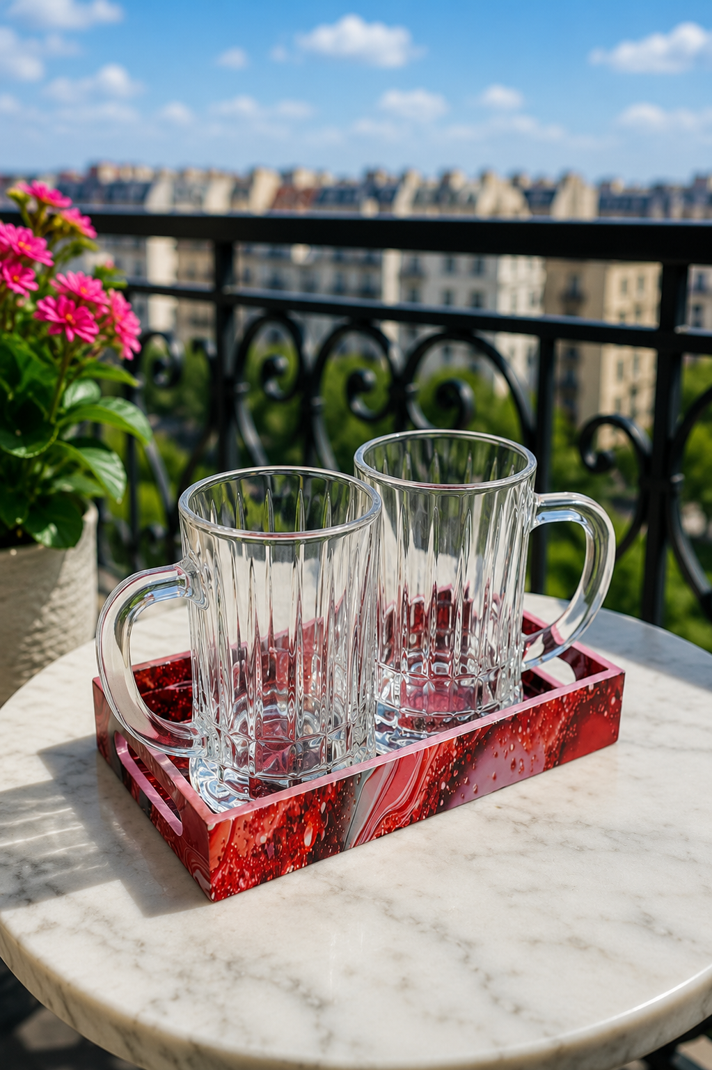 Premium Beer Mug Set with Decorative MDF Serving Tray | 2 Crystal Clear Glass Beer Mugs with Marble Finish Tray | Heavy Handle Beer Glasses for Beer, Juice, Soft Drinks & Home Bar Gift Set