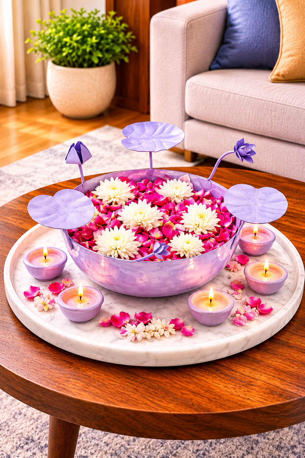Galvanized Metal Urli Bowl for Floating Flowers & Candles | Decorative Urli with Lotus Stems for Home & Festival Decor (Lavender)