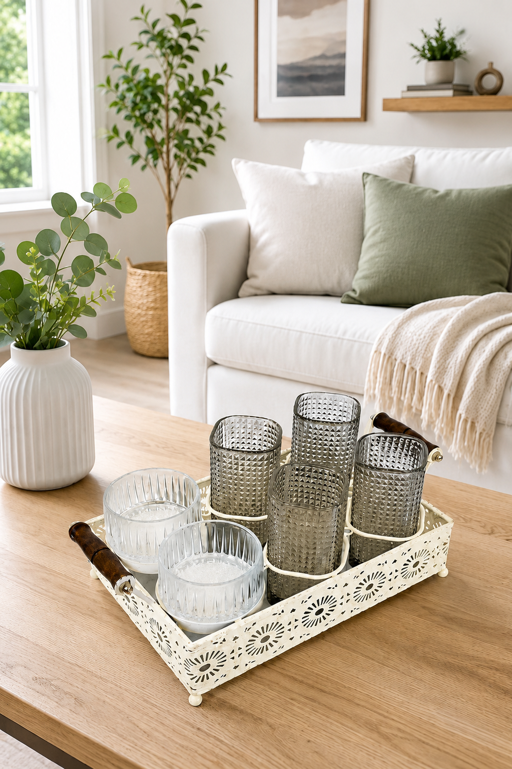 Premium Smoke Grey Glass Serving Set with Metal Tray | 4 Textured Drinking Glasses, 2 Glass Bowls & Decorative Metal Serving Tray with Wooden Handles | Elegant Snack & Beverage Set for Home