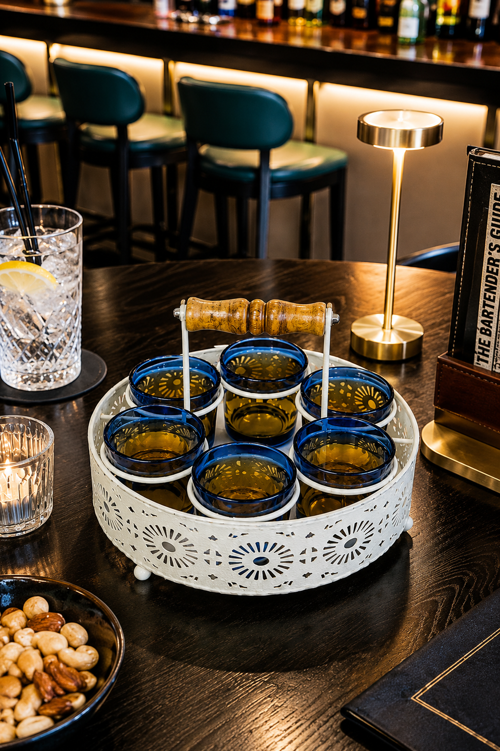 Shot Glasses Set of 6 with Holder | 40 ML Mini Whisky Vodka Shot Glasses with Metal Stand & Wooden Handle | Dhaba Style Serving Set for Home, Bar & Parties