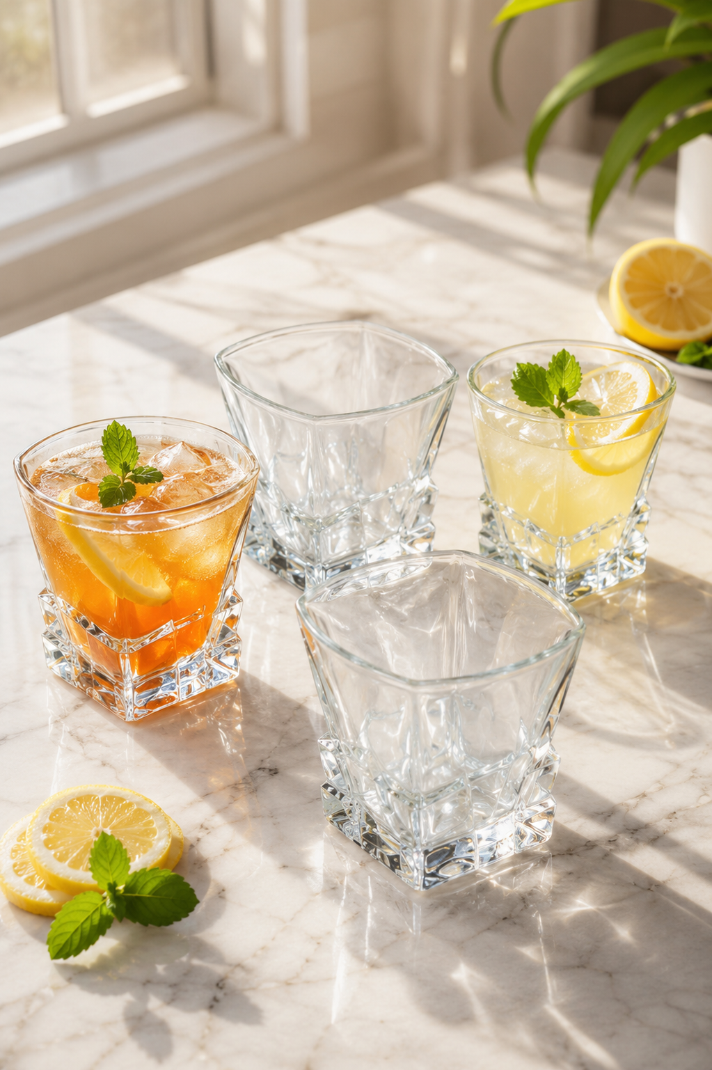 Premium Square Crystal Glass Set with Decorative MDF Serving Tray | 4 Heavy Base Drinking Glasses with Luxury Black & Gold Tray | Whisky, Juice, Water, Cocktails & Gift Set for Home Bar