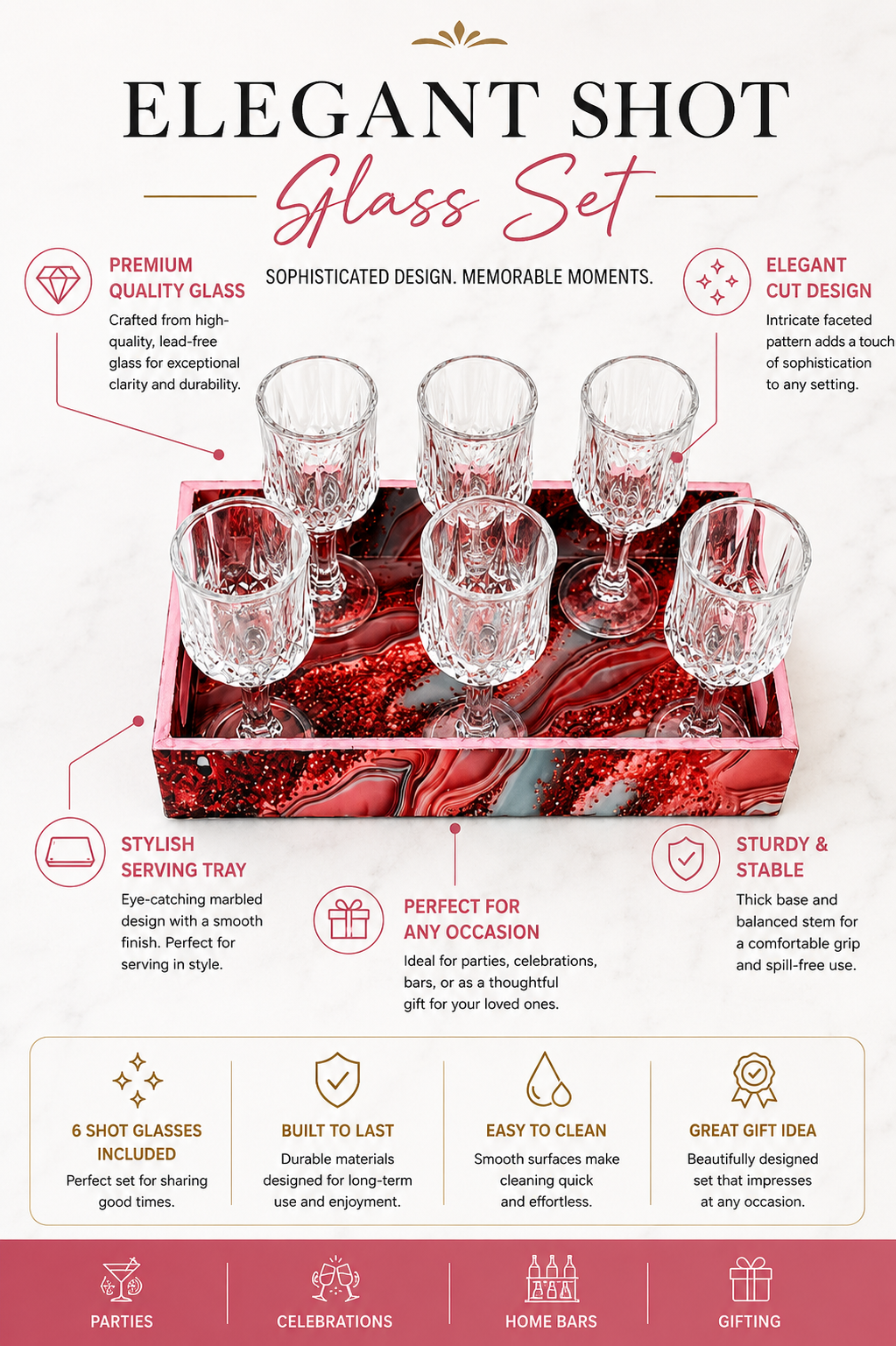 Premium Shot Glass Set Of 6 With MDF Resin Tray | Clear Designer Liqueur Glasses For Vodka, Whiskey, Tequila & Cocktails | Barware Set For Home & Parties
