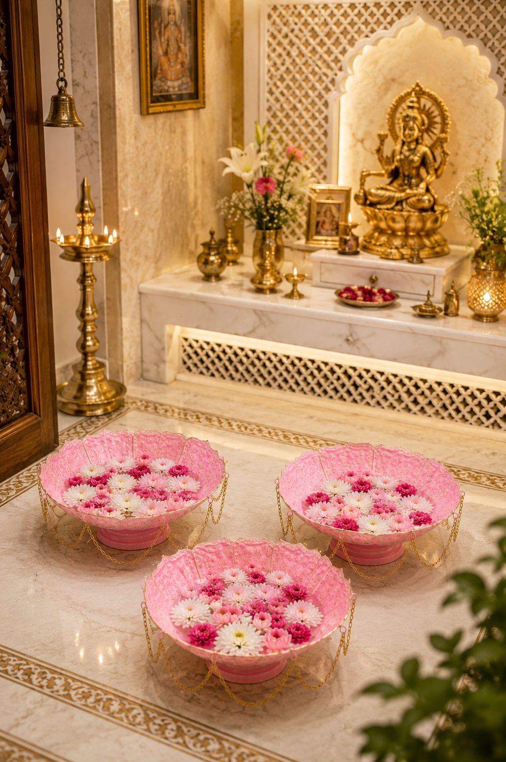 Premium Pink Lotus Urli Bowl Set of 3 with Decorative Chain | Handcrafted Metal Floating Flower Bowls for Water, Candles & Tea Lights | Decorative Urli for Diwali, Wedding, Pooja & Home Décor