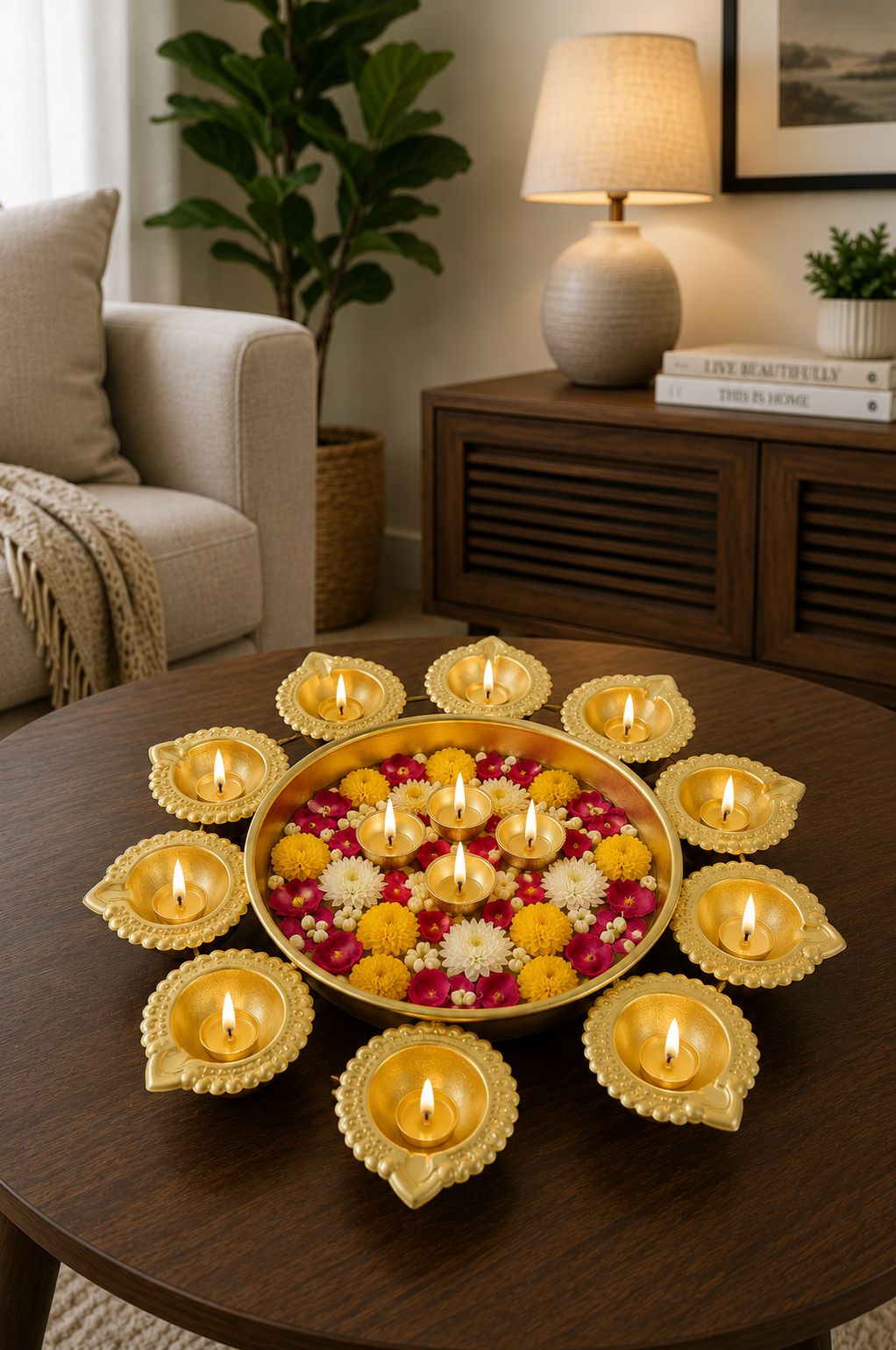 Premium Iron Urli with 8 Diya Holders | Decorative Metal Floating Flower Bowl for Water, Candles & Rangoli | Traditional Urli for Diwali, Pooja, Wedding, Festivals & Home Decoration