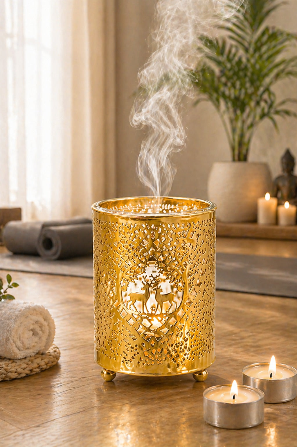 Premium Gold Metal Aroma Oil Burner Set with Tea Light Candles & Essential Oil | Designer Cutwork Candle Diffuser | Warm Ambient Fragrance Burner | Elegant Home Décor & Gifting Combo