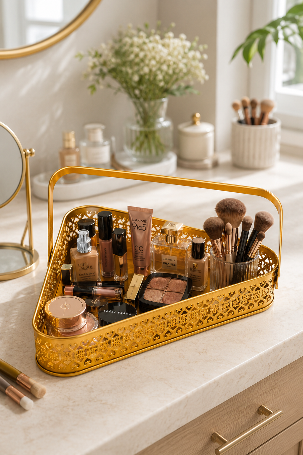 Premium Triangle Metal Basket with Handle (Medium) | Decorative Gold Serving Basket | Gift Hamper Basket | Dry Fruit, Snacks & Organizer Tray | Metal Storage Basket for Home Décor