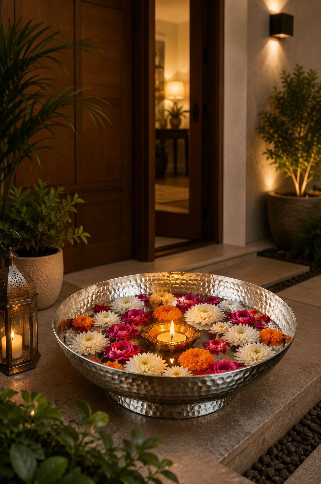 Premium Hammered Silver Urli Bowl | Decorative Metal Floating Flower Bowl for Water, Candles, Tea Lights & Diyas | Handcrafted Festival, Pooja, Wedding & Home Décor Centerpiece