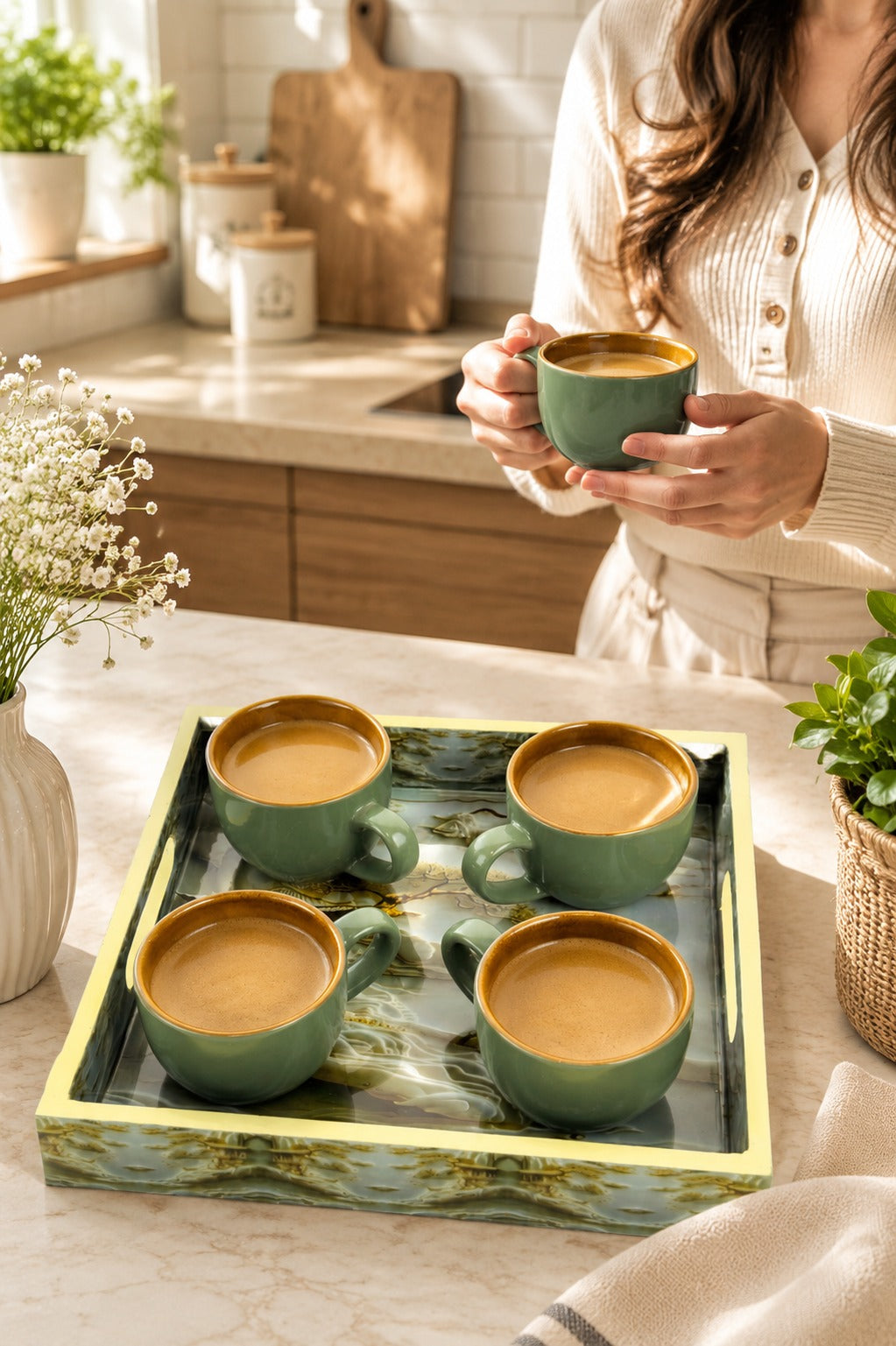 Set of 4 Ceramic Tea & Coffee Cups with Designer Serving Tray | Sage Green Coffee Mug Set | Premium Ceramic Cups for Home Kitchen & Gifting