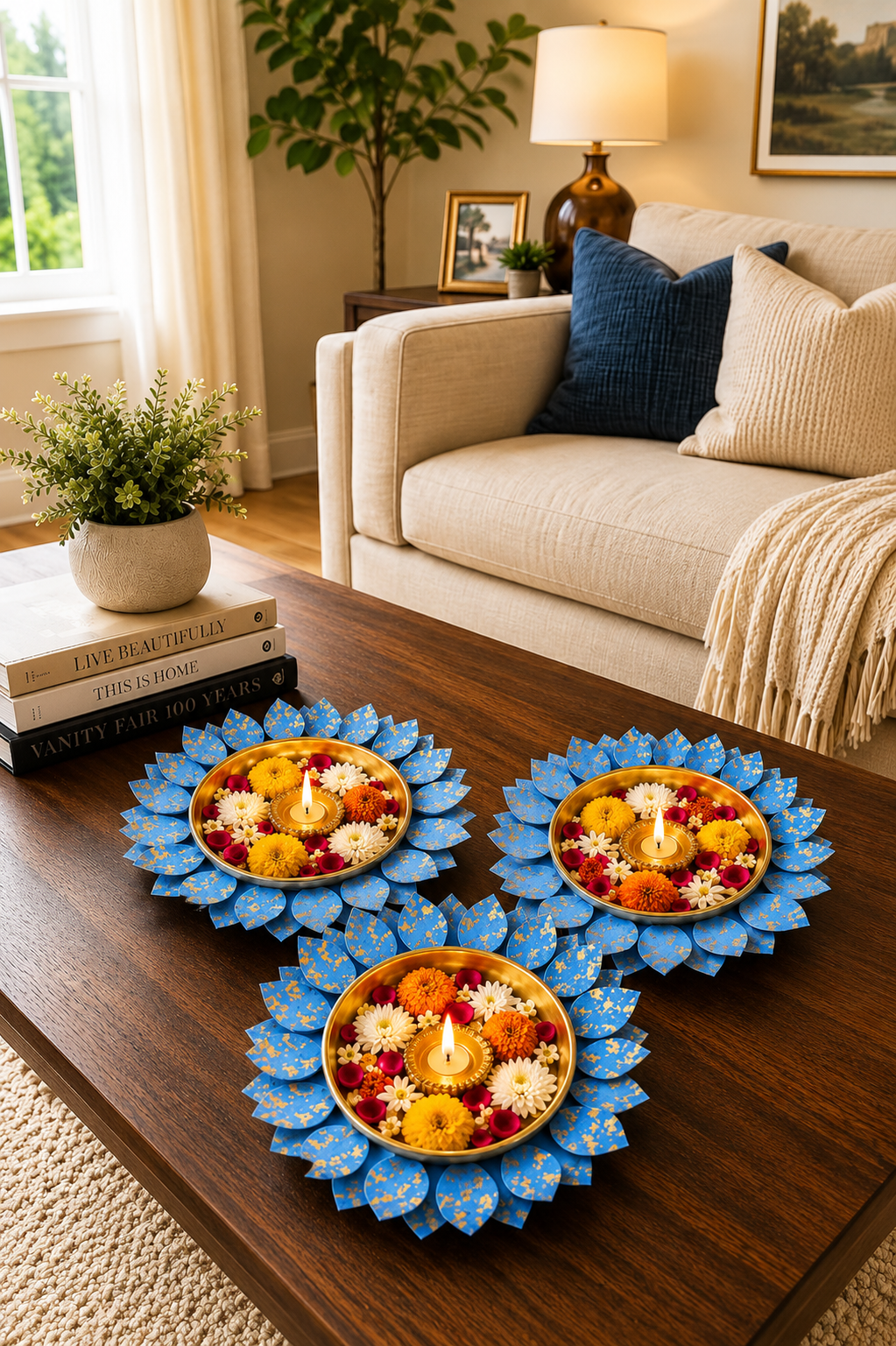 Decorative Lotus Metal Urli Bowl Set for Floating Flowers & Candles | Designer Festival & Entrance Decor (Set of 3, Blue & Gold)
