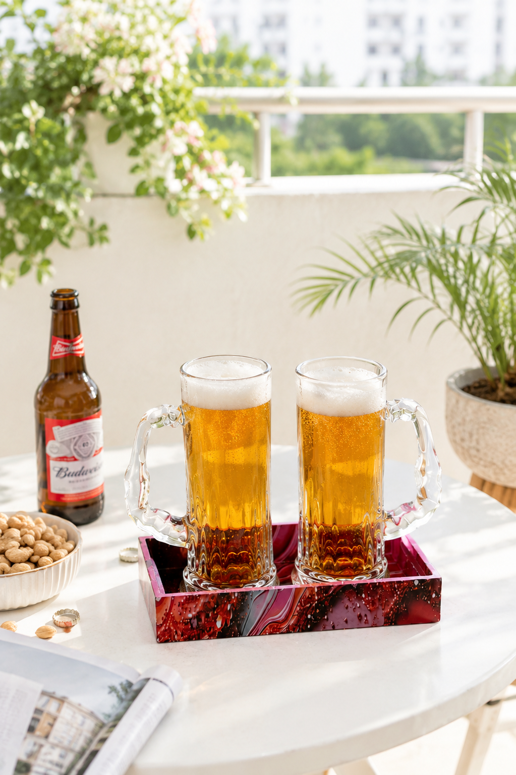 Premium Beer Mug Glass Set with Decorative MDF Serving Tray | 2 Crystal Clear Heavy Beer Mugs with Resin Art Tray | Large Glass Beer Mugs for Beer, Juice, Coffee & Home Bar Gift Set
