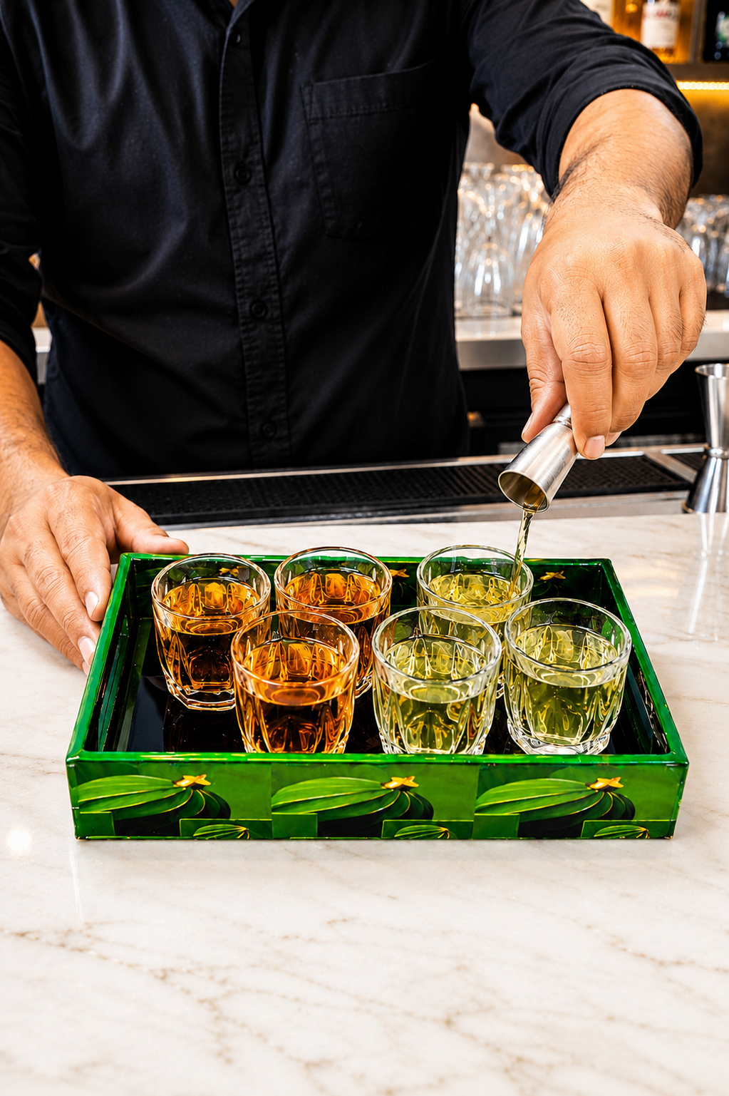 Premium Shot Glass Set with Decorative Storage Tray | 6 Heavy Base Shot Glasses for Whiskey, Tequila, Vodka, Rum & Espresso Shots | Crystal Clear Glass Drinkware Gift Set for Home Bar & Parties