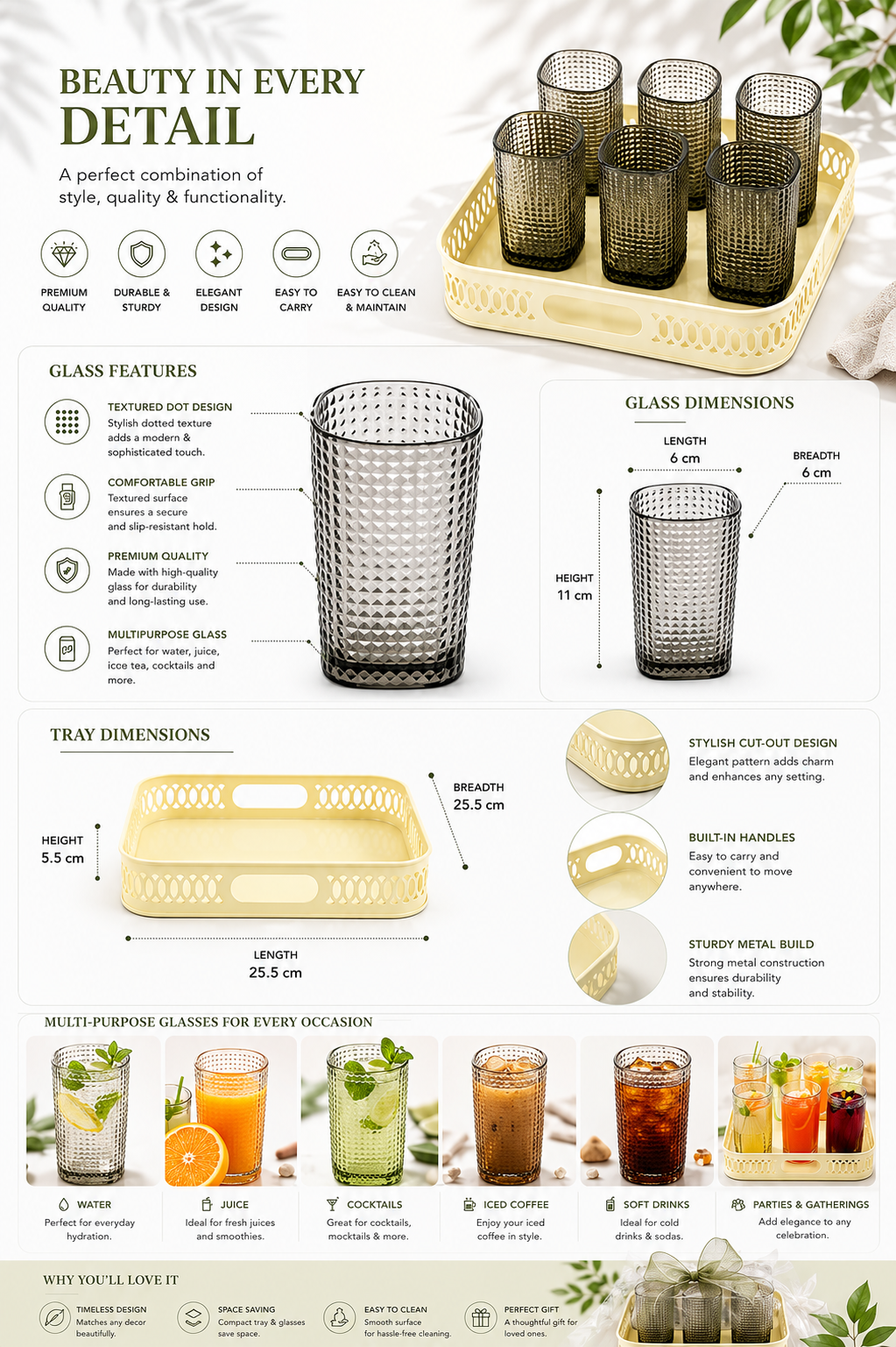 Premium Textured Glass Tumbler Set with Metal Serving Tray | 6 Smoke Grey Drinking Glasses & Decorative Metal Tray for Water, Juice, Cocktails, Mocktails & Everyday Serving