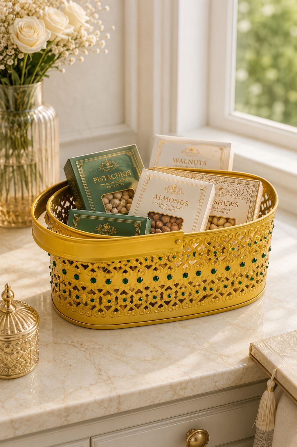 Premium Decorative Metal Gift Basket with Handle | Gold Finish Storage Basket | Dry Fruit, Gift Hamper, Fruit Basket, Home Decor & Multipurpose Organizer | 25 x 11.5 x 10 cm