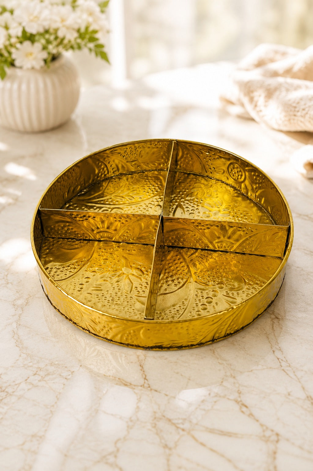 Premium Brass Dry Fruit Serving Tray with 4 Compartments | Round Brass Snack Platter | Dry Fruit, Namkeen, Candy & Mukhwas Organizer | Decorative Serving Tray | Festive Gift