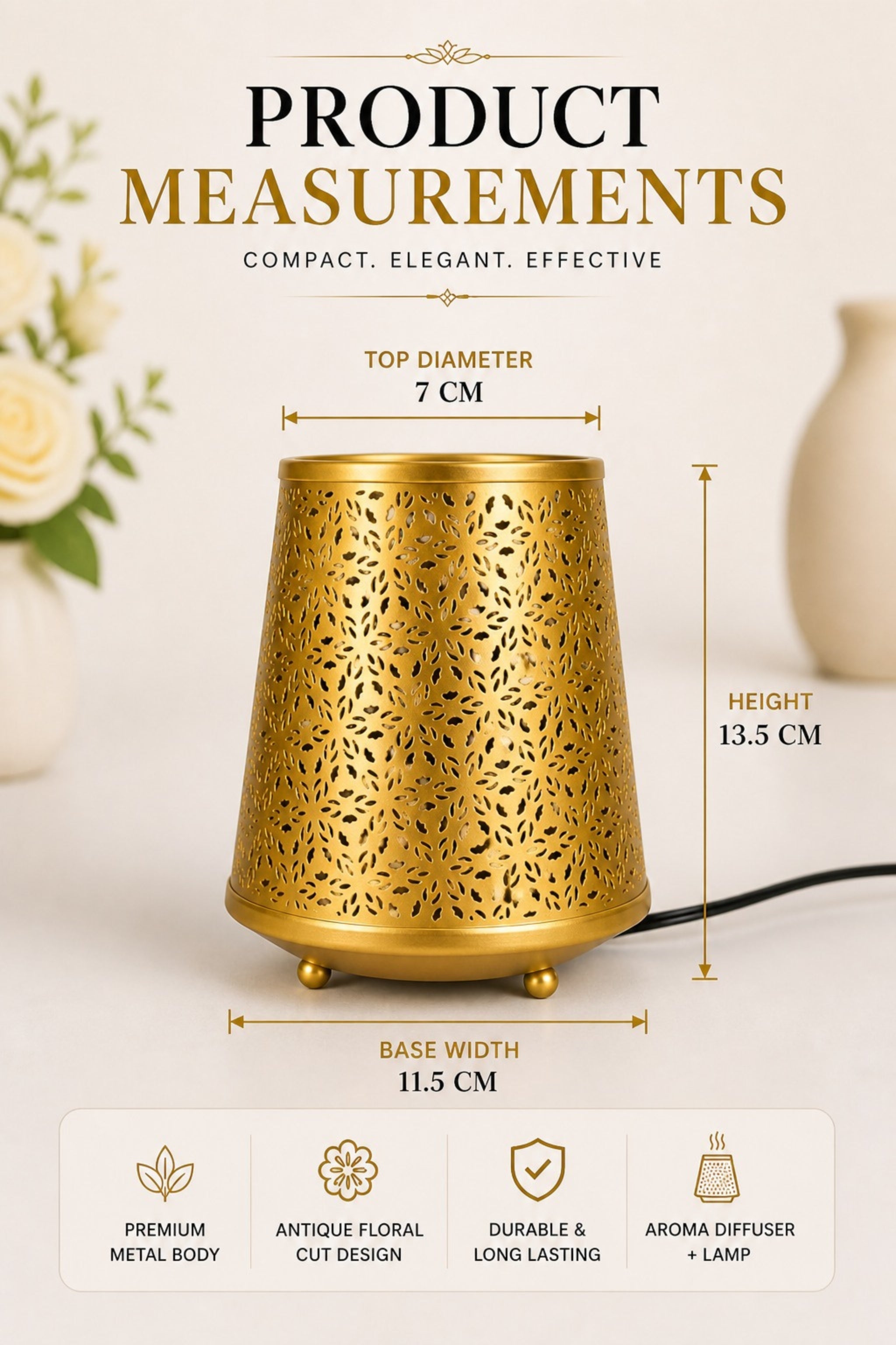 Metal Electric Aroma Diffuser Burner | Moroccan Cutwork Bulb Heat Oil Warmer Lamp | Fragrance Diffuser for Home, Office, Spa & Meditation | Free 10 ml Aroma Oil Included
