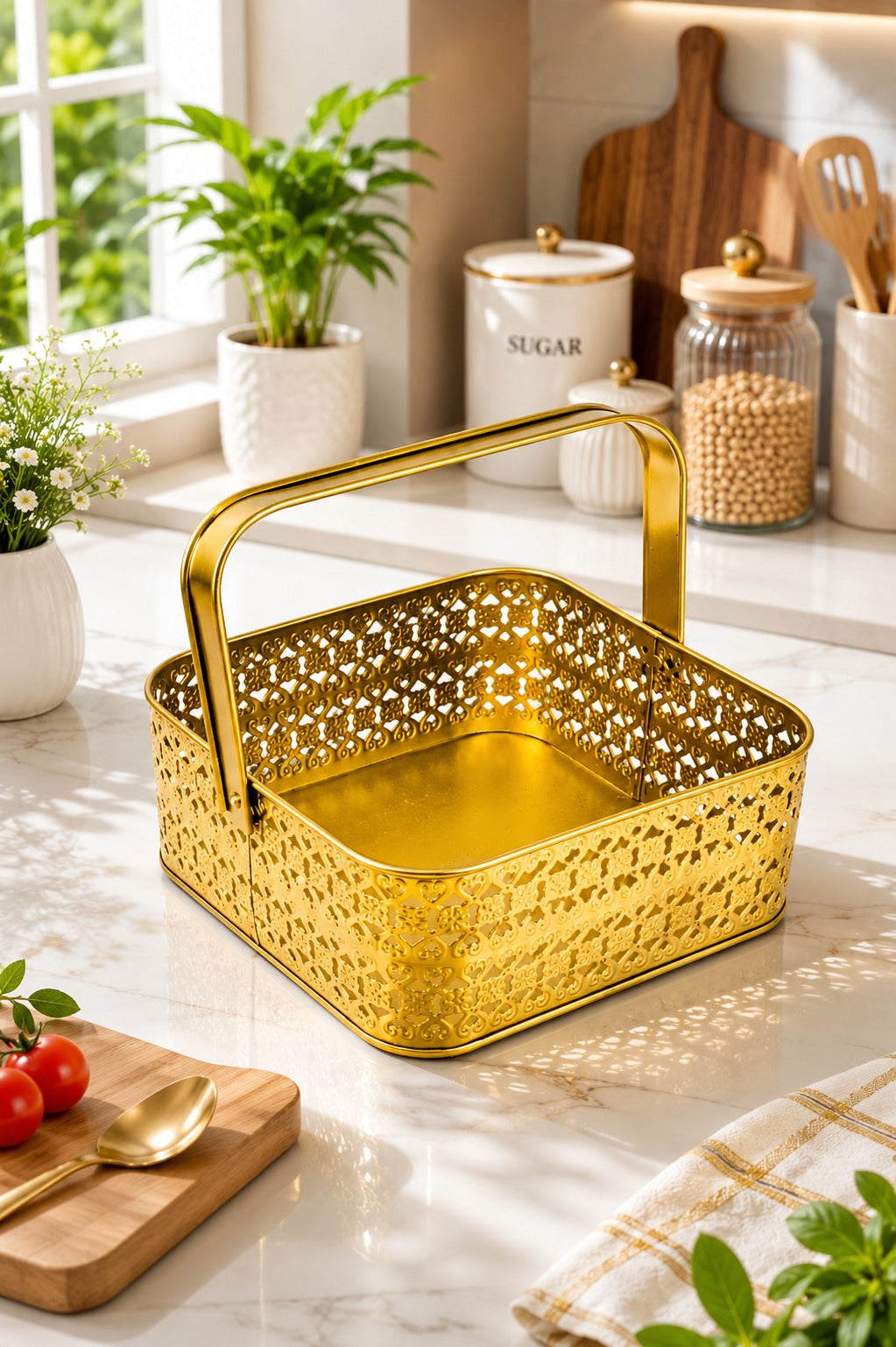 Premium Golden Metal Gift Basket with Handle | Medium Decorative Storage Basket | Multipurpose Fruit Basket, Dry Fruit Hamper, Pooja Basket & Home Organizer | 26 x 26 x 9 cm