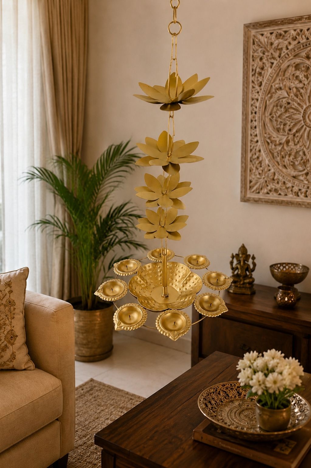 Premium Hanging Lotus Urli with 9 Diya Holders | Decorative Metal Hanging Urli for Floating Flowers, Candles & Water Décor | Traditional Hanging Diya Urli for Diwali, Pooja, Wedding & Home Decoration