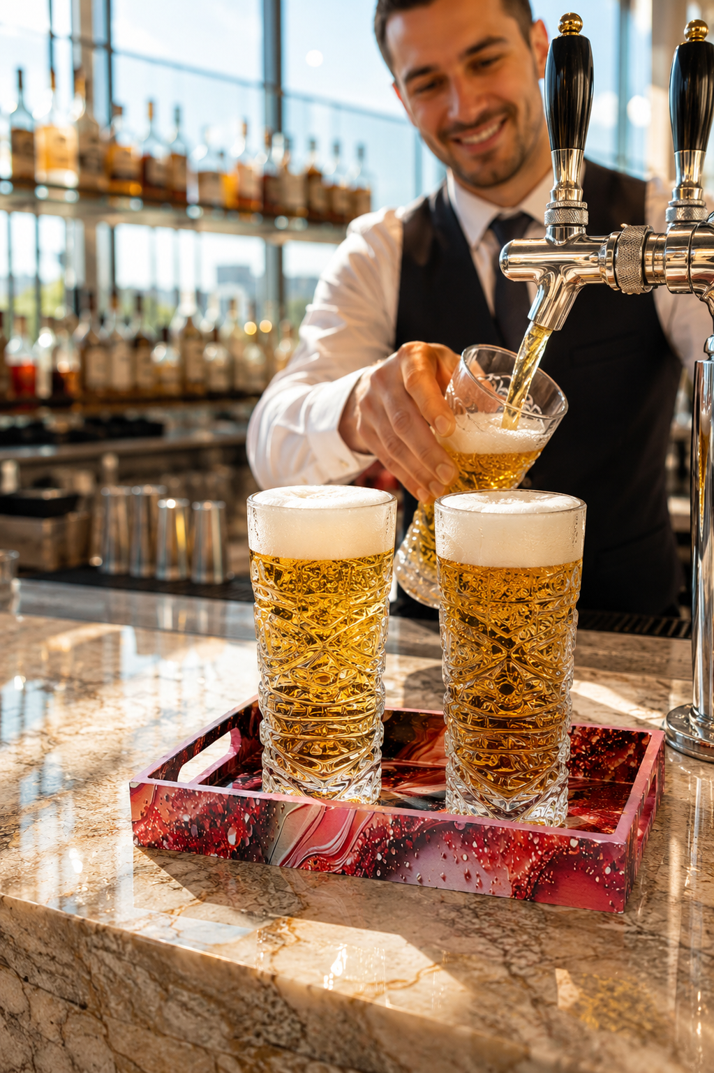 Premium Beer Glass Set with Decorative MDF Serving Tray | 2 Crystal Clear Tall Beer Glasses with Marble Finish Tray | Heavy Drinking Glasses for Beer, Juice, Soft Drinks & Home Bar Gift Set