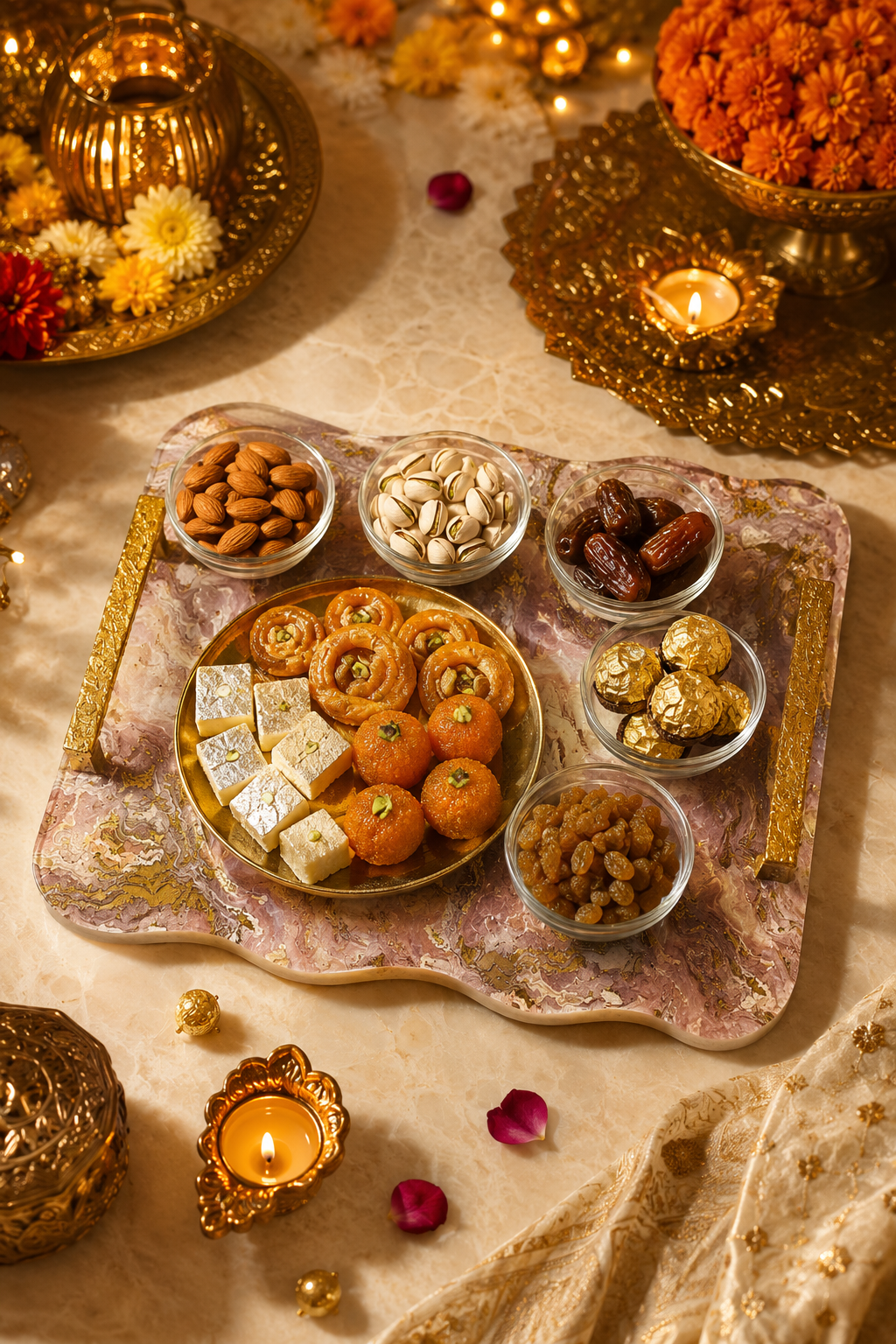 Premium Marble Design MDF Serving Tray with 2 Glass Bowls & Gold Handles | Decorative Multipurpose Serving Platter | Luxury Tea, Coffee, Snacks & Dry Fruit Serving Tray
