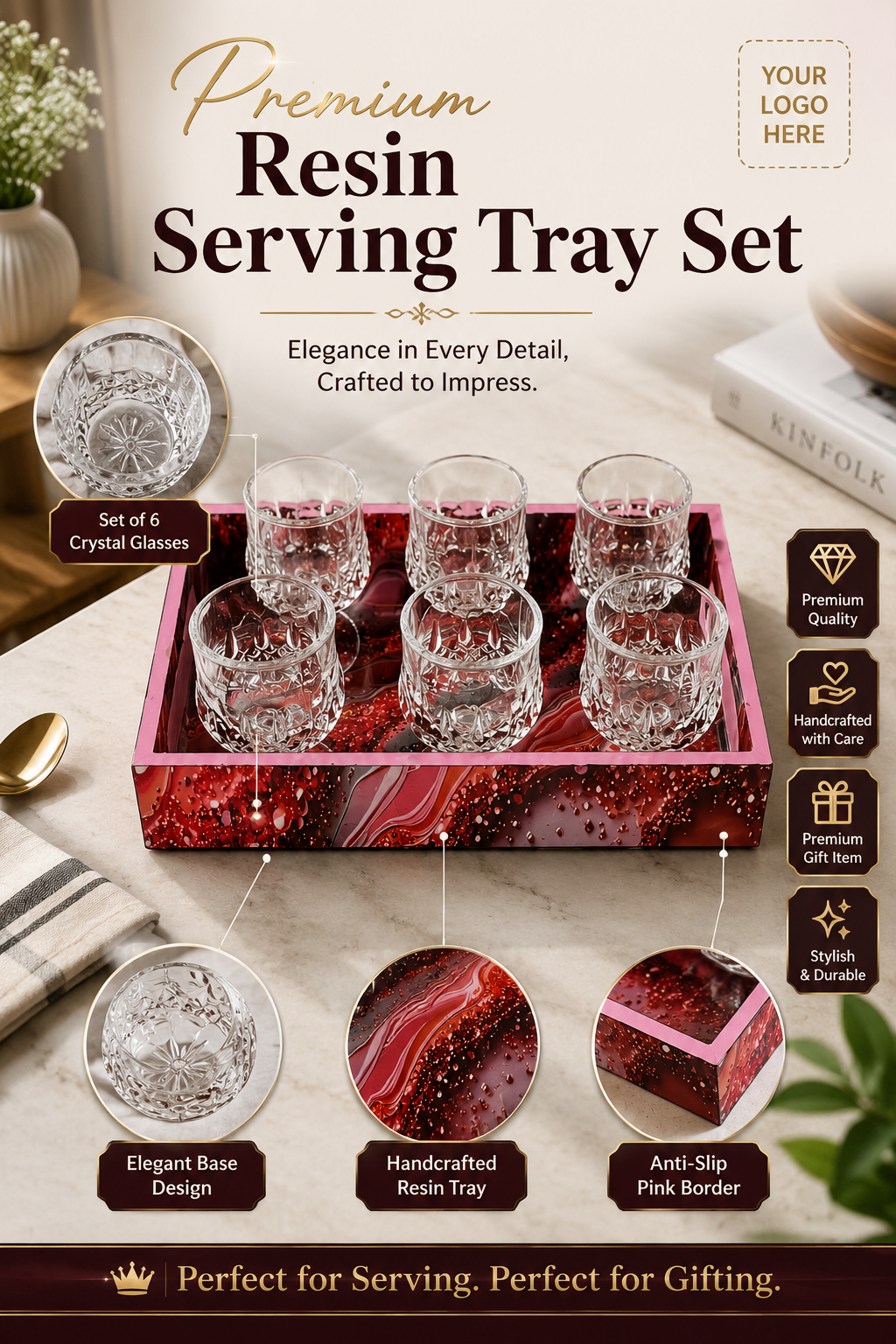 Premium Designer Shot Glass Set with Resin Serving Tray | 6 Crystal Clear Heavy Base Shot Glasses for Whiskey, Vodka, Tequila, Rum, Liqueur & Espresso Shots | Elegant Barware Gift Set for Home Bar