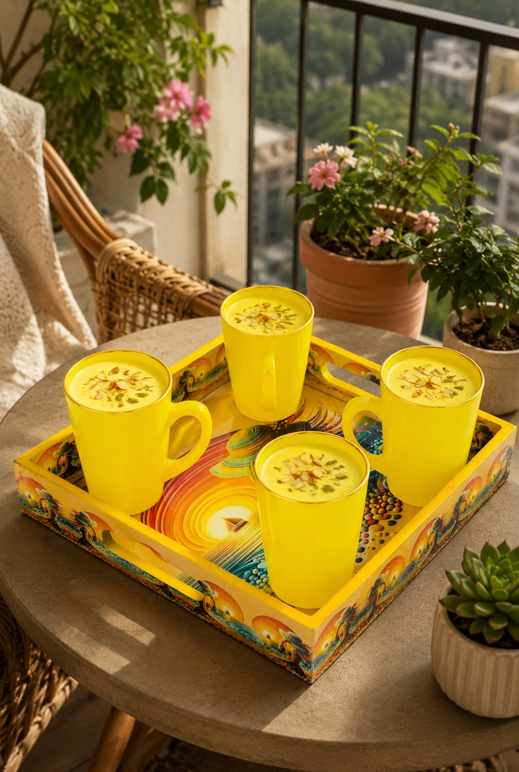 Set of 4 Yellow Glass Coffee Mugs with Designer Serving Tray | Premium Tea Coffee Cup Set | Decorative Serving Set for Home Kitchen & Gifting