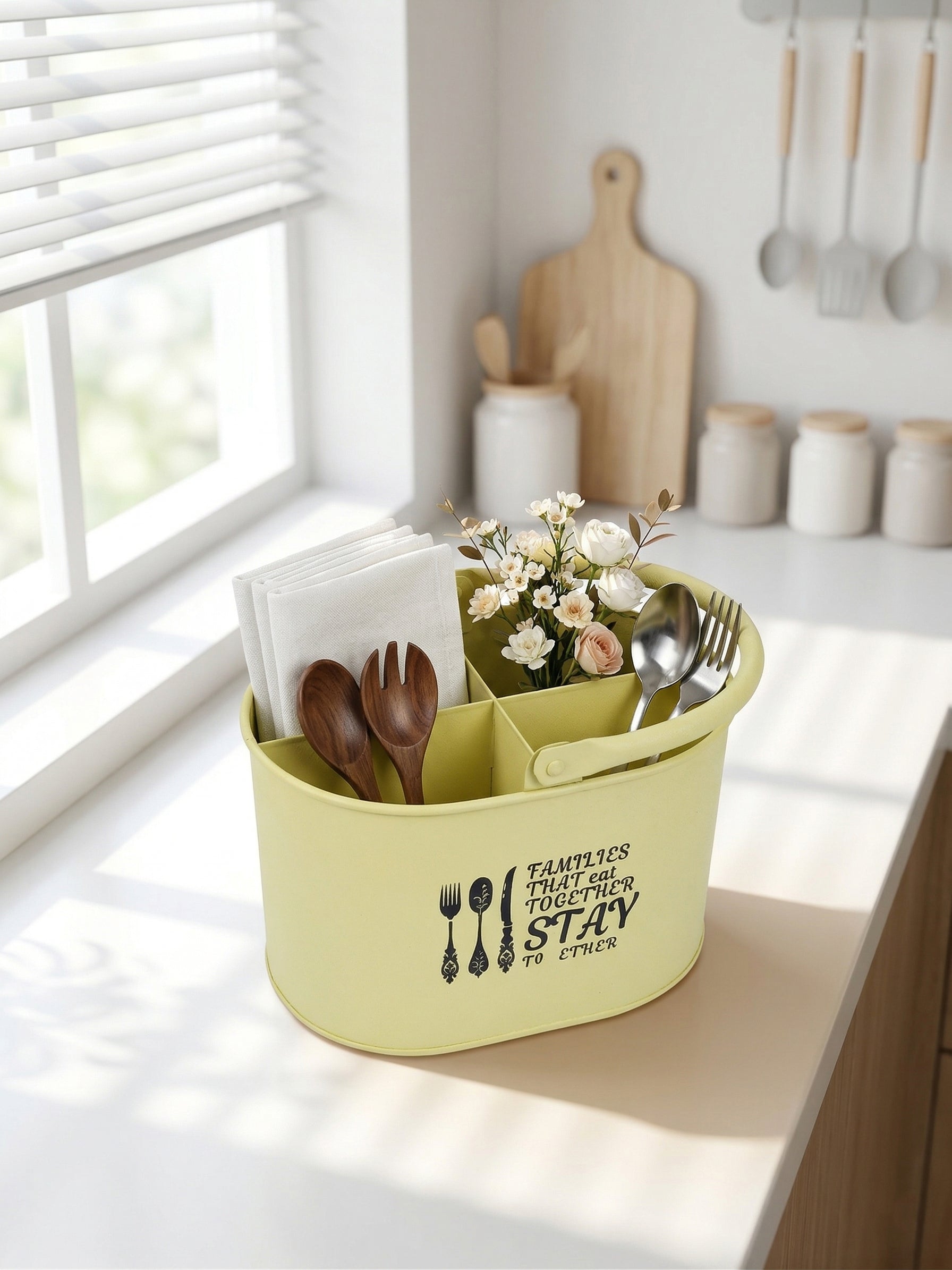 Premium Metal Cutlery Holder with Handle | 4 Compartment Utensil Caddy Basket Organizer | Portable Spoon, Fork, Knife & Napkin Stand for Kitchen, Dining Table & Home Storage