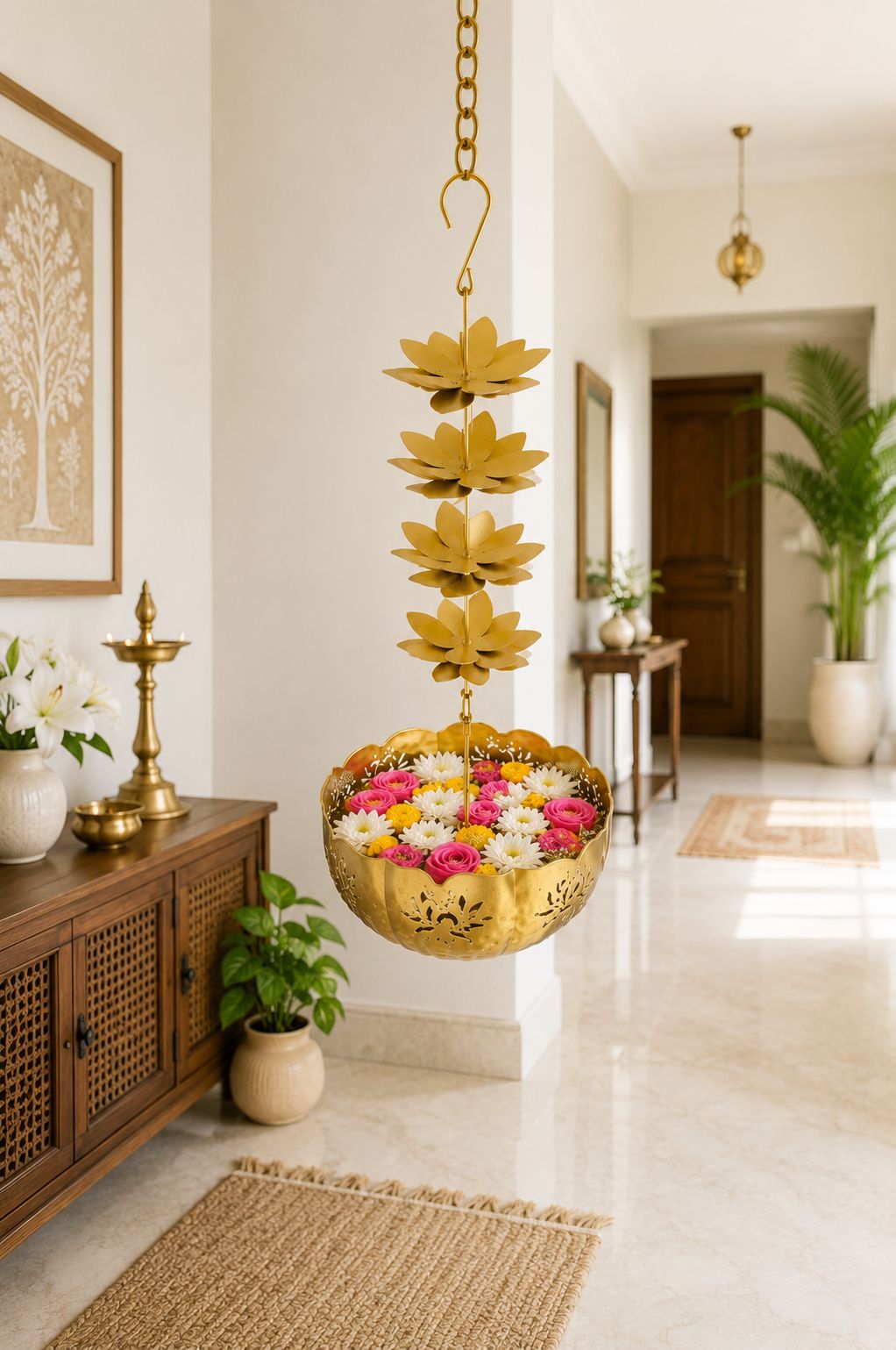 Premium Hanging Lotus Urli Bowl | Decorative Metal Hanging Flower Urli for Floating Flowers, Water & Candles | Traditional Hanging Urli for Diwali, Pooja, Wedding & Home Decoration