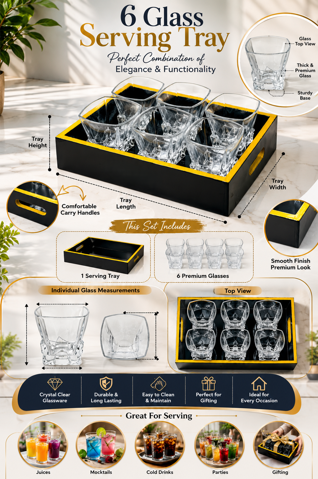 Premium Square Whiskey Glass Set with MDF Serving Tray | 6 Crystal Clear Heavy Base Drinking Glasses for Whisky, Scotch, Cocktails, Juice & Water | Elegant Drinkware Gift Set for Home Bar