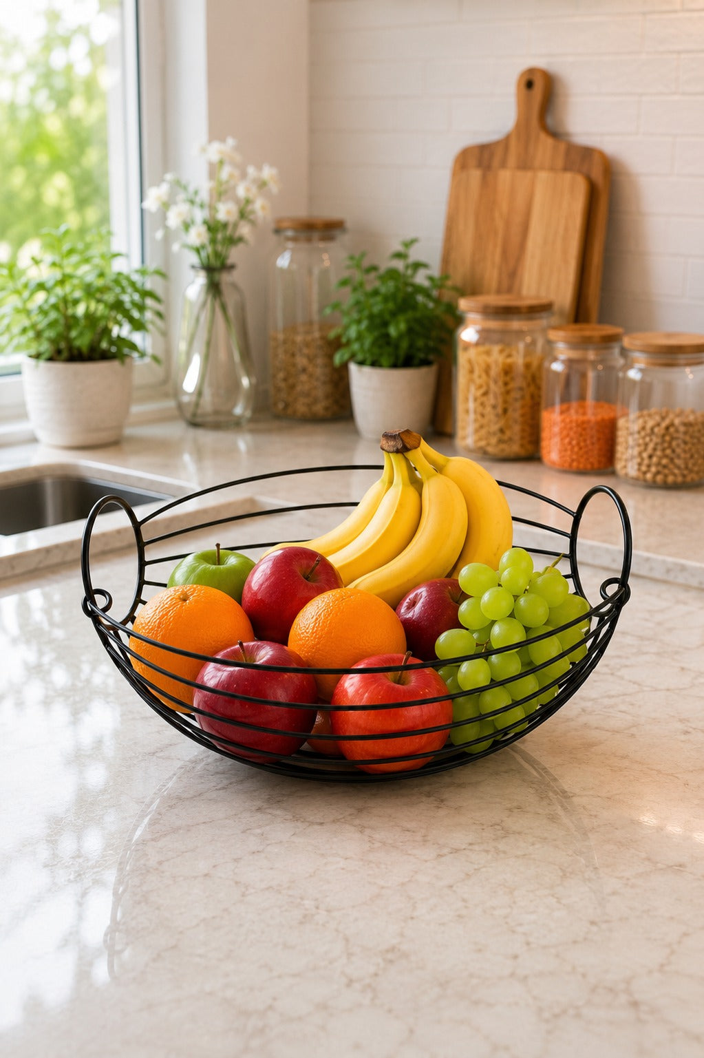 Modern Metal Fruit & Vegetable Basket | Large Round Wire Storage Basket with Handle | Kitchen & Dining Organizer