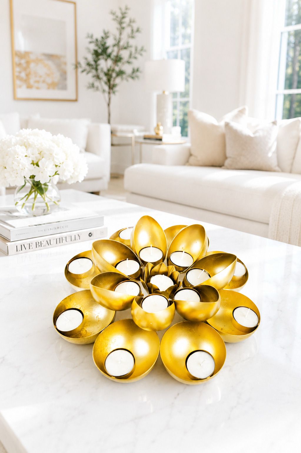 Golden Metal Urli Cum Tealight Holder Set | Decorative Diya & Flower Urli for Festive Home Décor