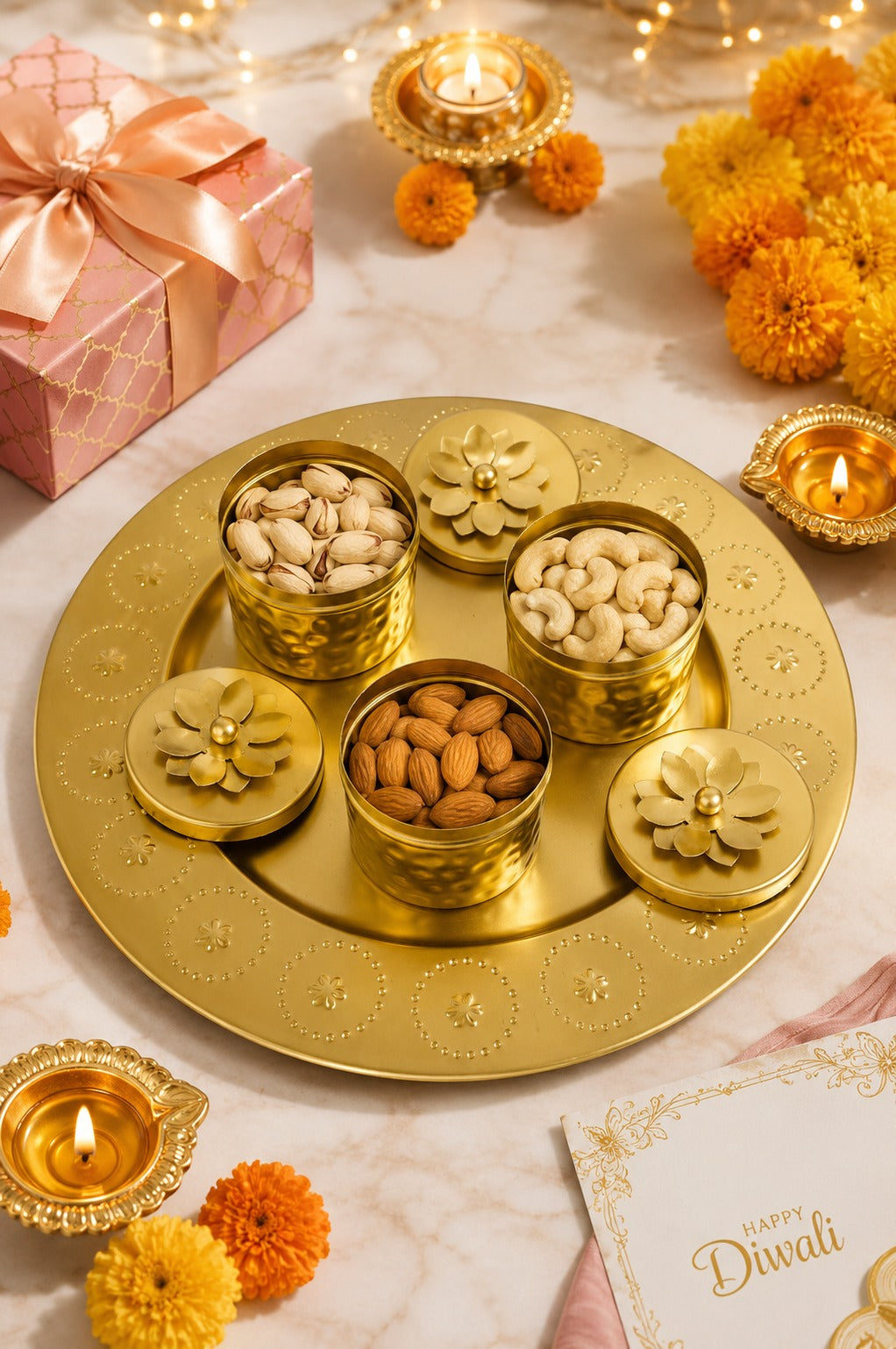 Premium Metal Dry Fruit Serving Tray Set with 3 Floral Containers | Decorative Round Platter for Dry Fruits, Sweets, Chocolates & Mukhwas | Luxury Festive Gift Hamper Tray for Diwali, Weddings & Home Décor