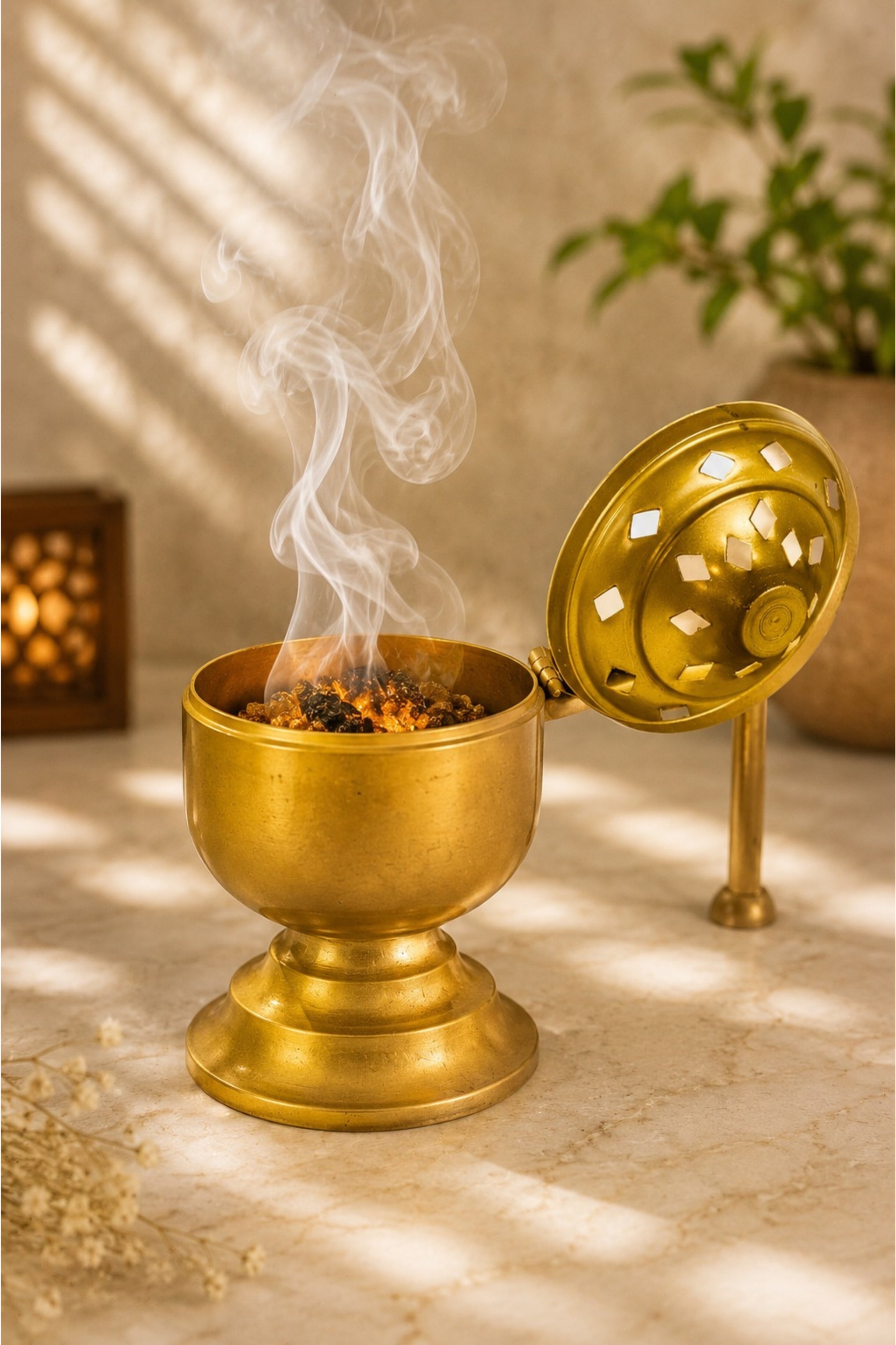 Brass Finish Metal Dhoop Dani with Wooden Handle & Lid for Pooja, Loban & Sambrani Burning | Covered Incense Burner for Home Temple, Havan, Vastu & Premium Festive Gift Item