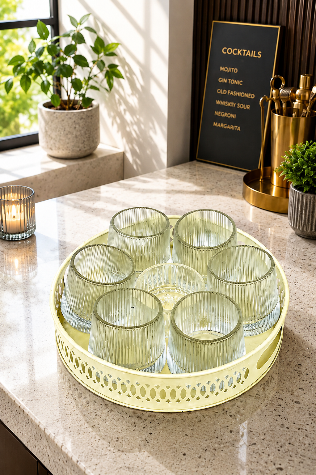 Premium Dancing Glass Serving Set with Round Metal Tray | 6 Self-Balancing Rocking Glasses & 1 Crystal Snack Bowl | Beverage Serving Set for Whisky, Cocktails, Juice, Tea & Home Entertaining