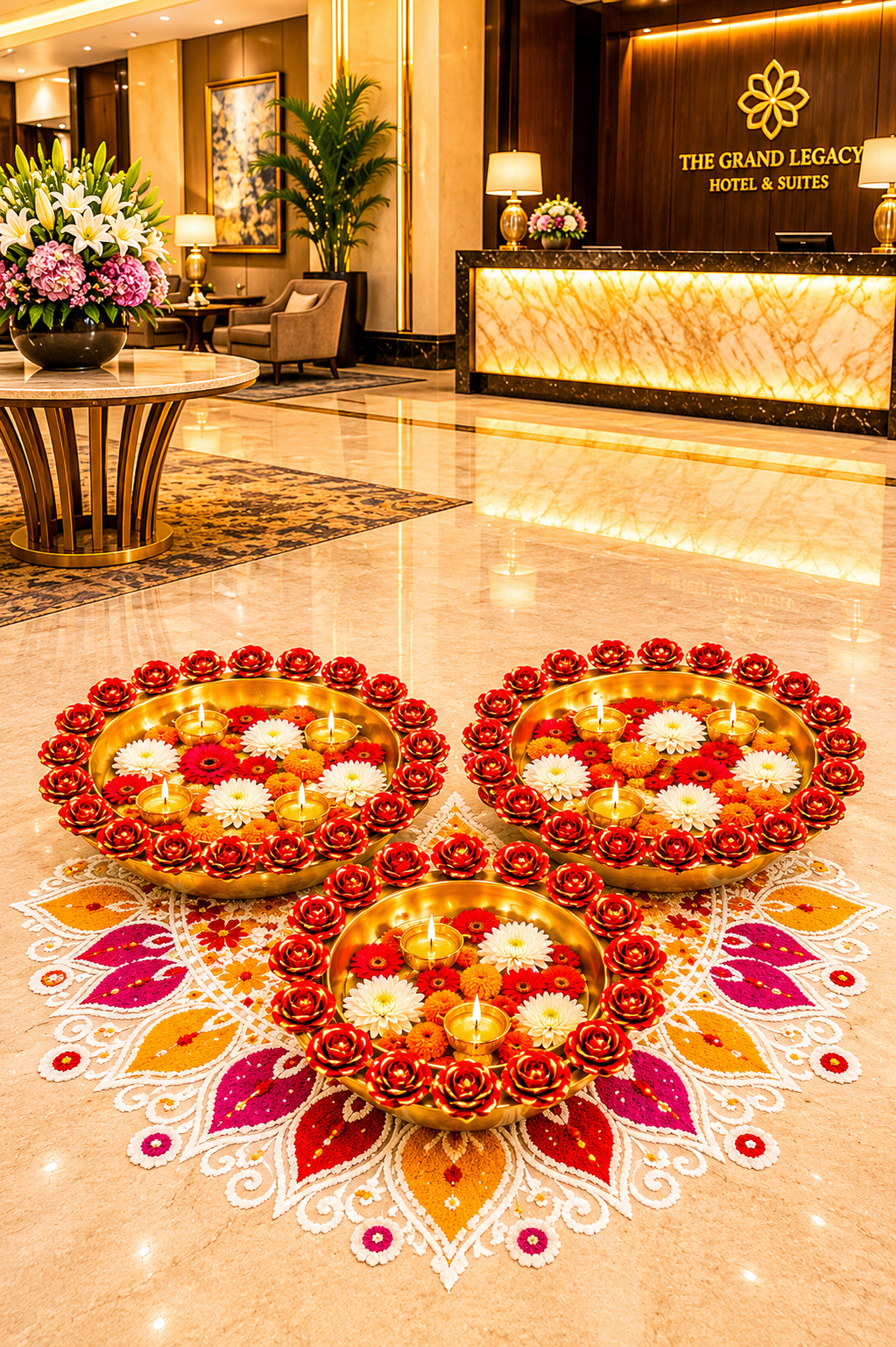 Premium Decorative Urli Bowl Set of 3 with Rose Rim Design | Hammered Metal Floating Flower Bowls for Water, Candles & Tea Lights | Diwali, Pooja, Wedding, Festival & Home Décor Centerpiece