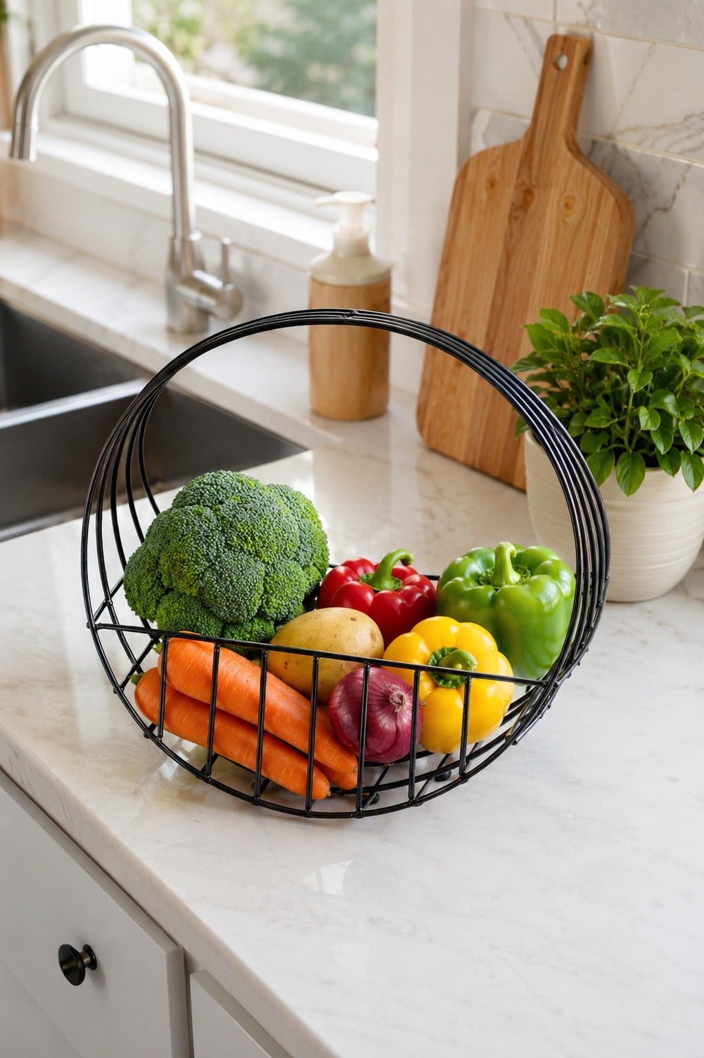 Modern Metal Fruit Basket with Arch Handle | Semi Round Wire Storage Basket | Kitchen & Dining Organizer
