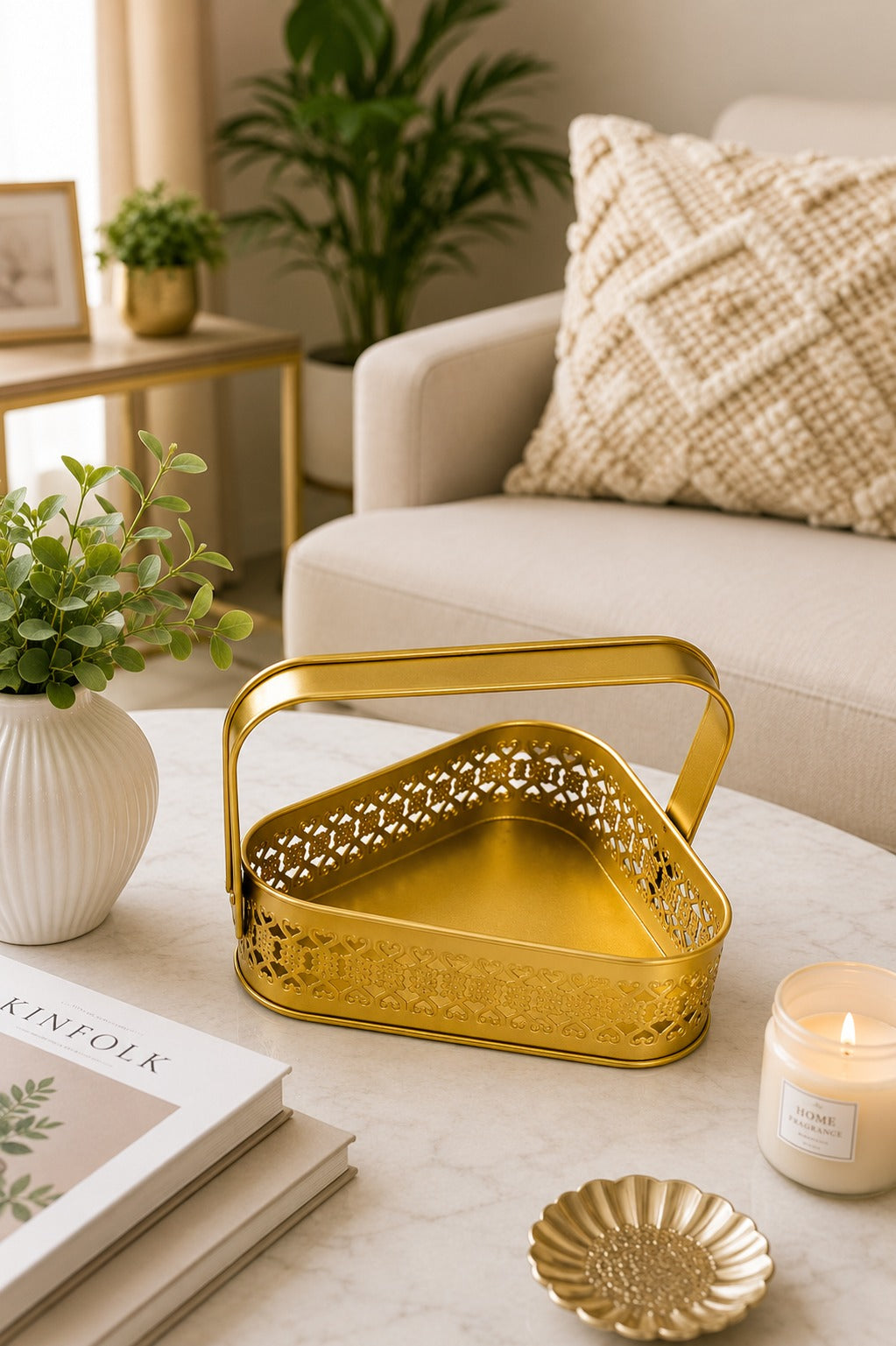 Premium Triangle Metal Basket with Handle (Small) | Decorative Gold Serving Basket | Gift Hamper Basket | Fruit & Dry Fruit Basket | Metal Organizer Tray for Home Décor