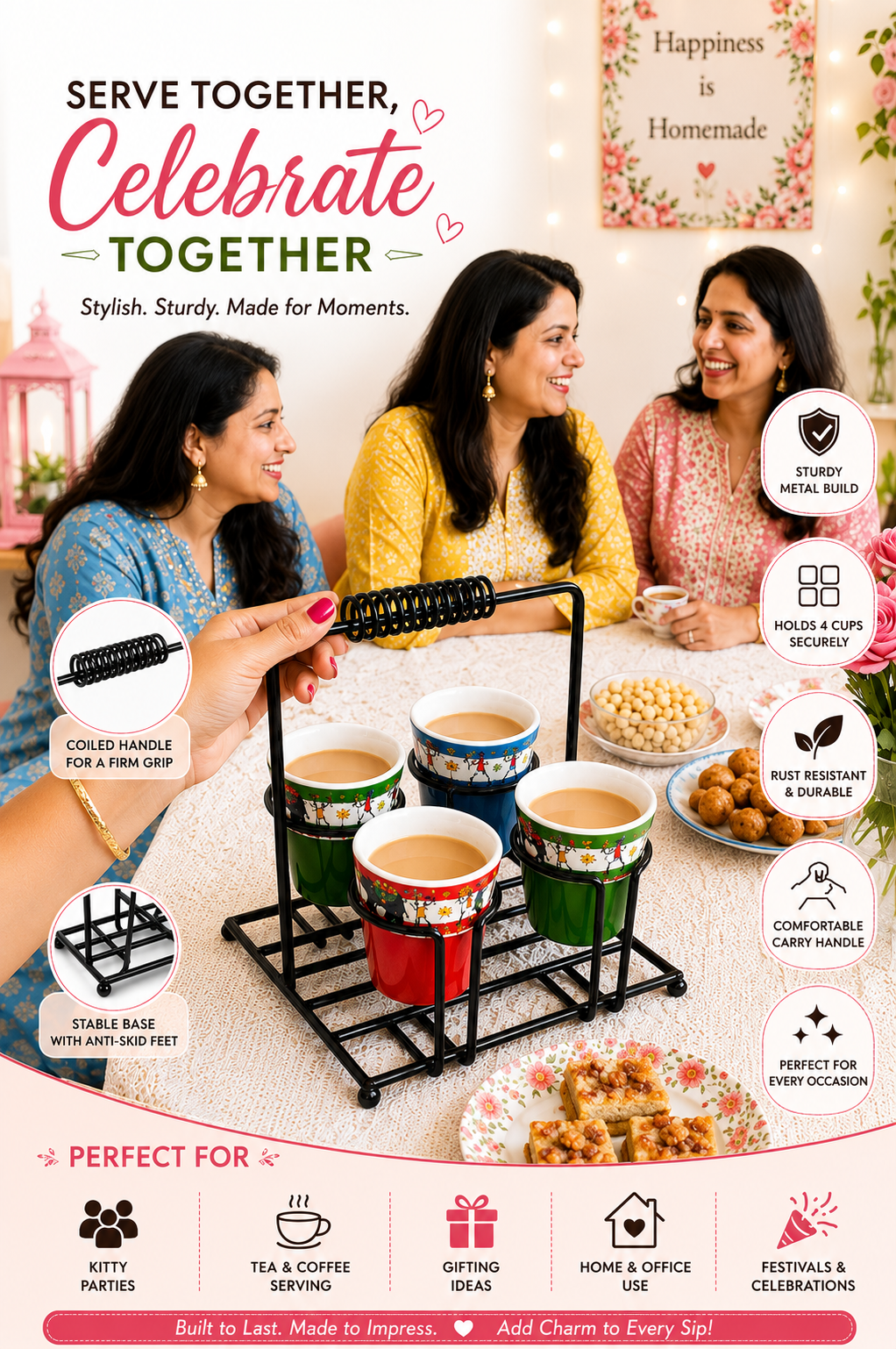 Printed Tea Glass Set Of 4 With Metal Stand | Designer Cutting Chai Cups With Iron Holder | Multicolor Ceramic Tea Cup Set For Home Kitchen & Gifting
