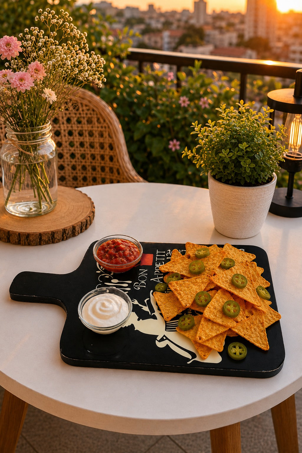 Premium MDF Serving Platter with Handle | Wooden Snack & Pizza Serving Board | Serving Tray with 2 Glass Dip Bowls | Cheese, Burger, Fries & Appetizer Platter | 44 x 25 cm