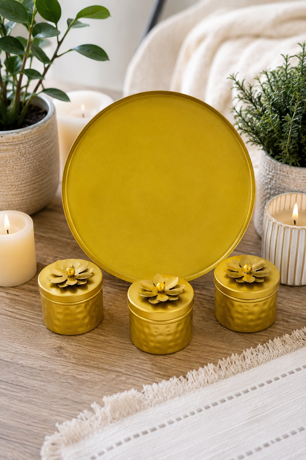Premium 3 Piece Metal Storage Container Set with Round Serving Tray | Gold Dry Fruit, Mukhwas & Spice Container Set | Decorative Kitchen Organizer for Home, Dining & Gifting