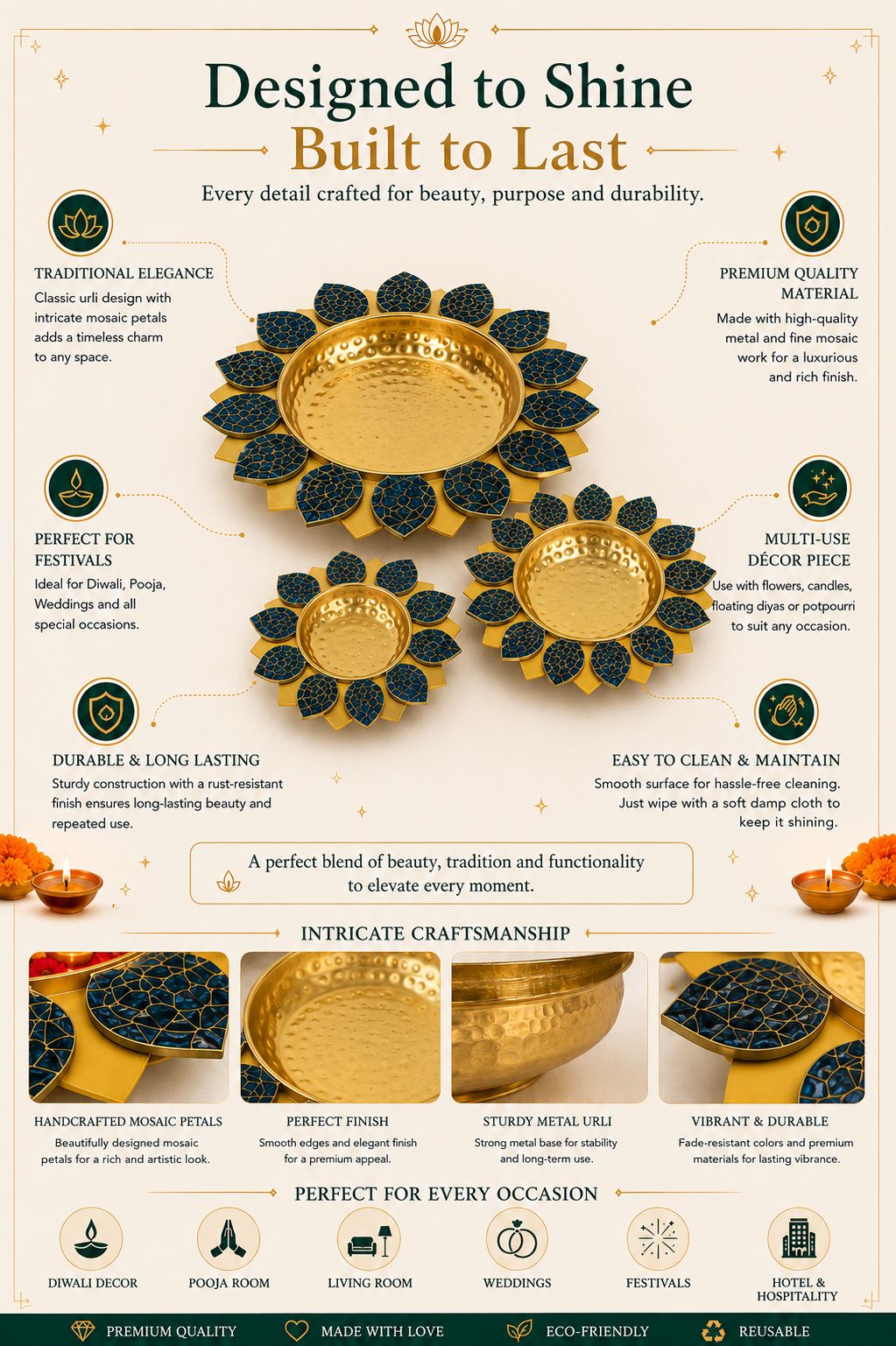 Premium Set of 3 Decorative Metal Urli Bowls with Mosaic Glass Petals | Floating Flower Bowl for Candles, Water Décor & Rangoli | Decorative Urli for Diwali, Pooja, Wedding, Festivals & Home Decoration